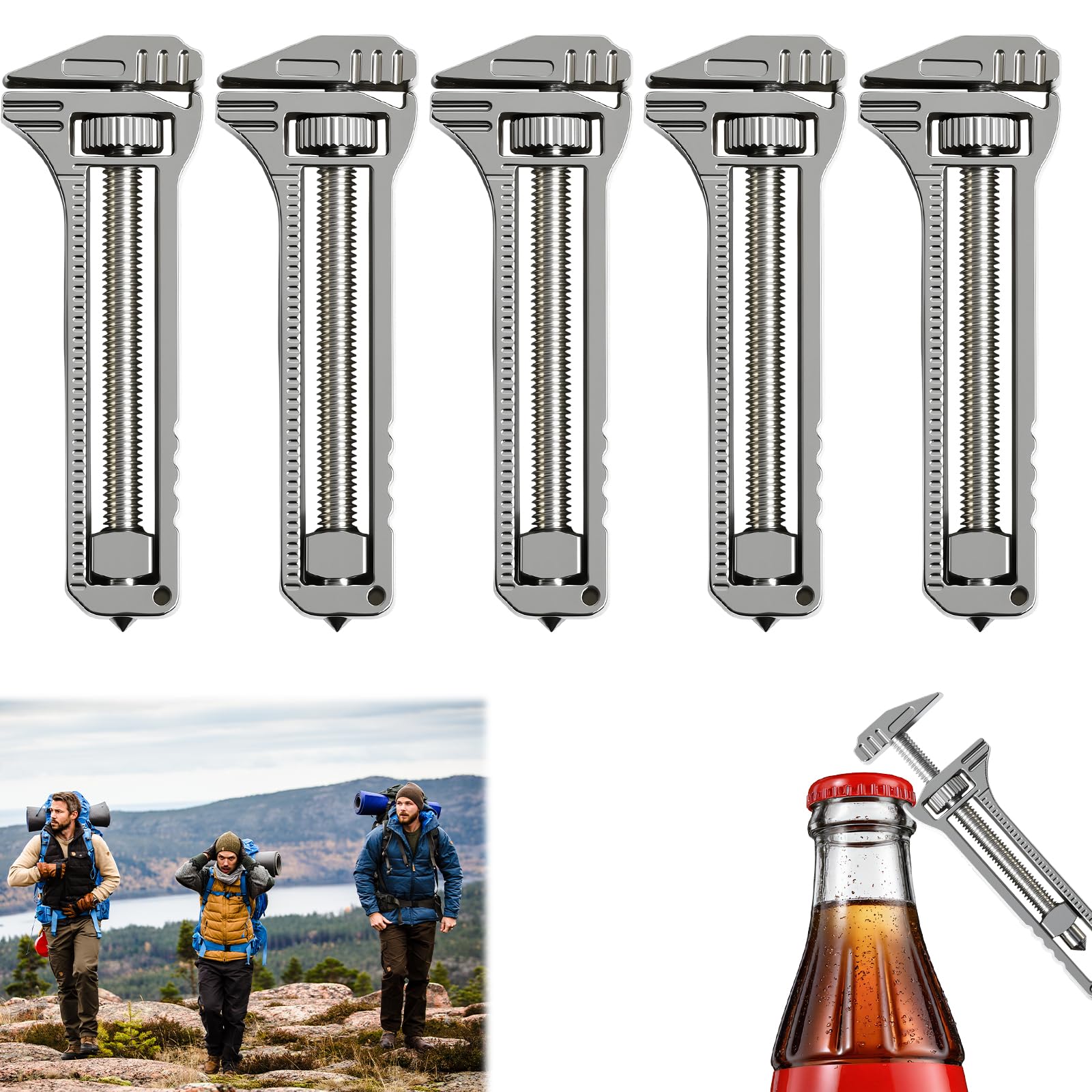 5pcs Titanium Multitool Keychain, Compact Portable Multi-Tool with Bottle Opener, Adjustable Wrench, Nail Puller & Caliper for Outdoor, Camping, EDC & Emergency Use