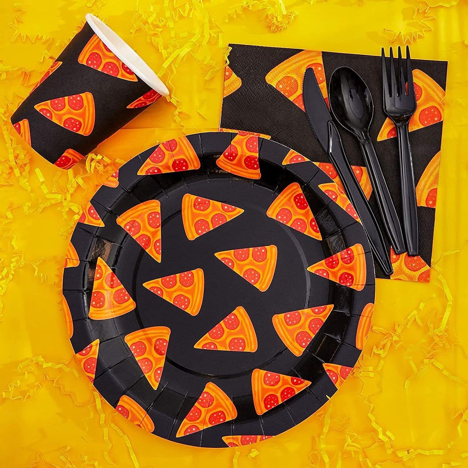 Pizza Party Supplies Pack, Includes Paper Plates, Napkins, Cups and Cutlery (Serves 24, 144 Pieces Total) : Home & Kitchen