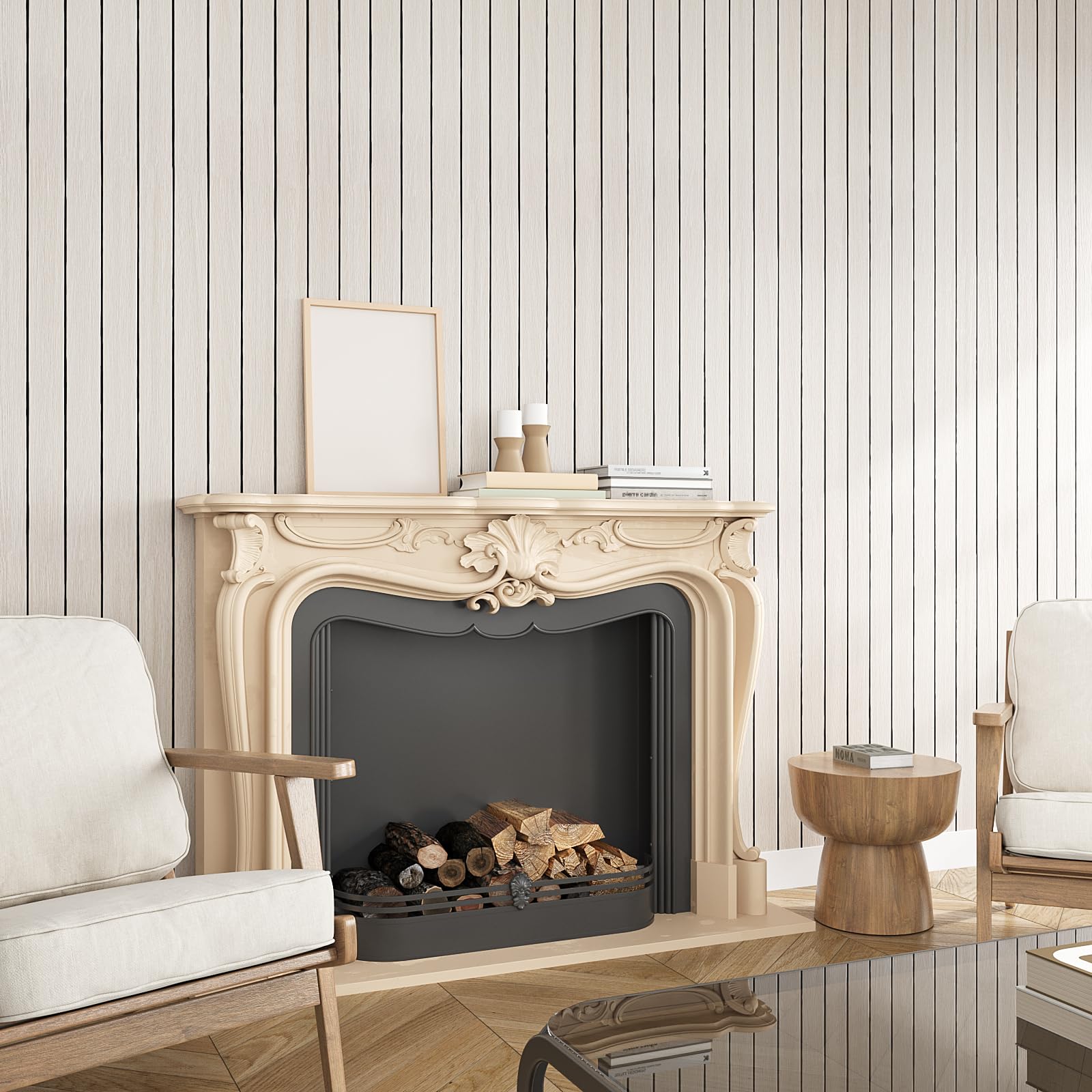 VEELIKE Panel de pared de listones de madera de roble blanco crema para despegar y pegar, paneles de pared de madera sintética 3D para paredes decorativas, dormitorio, 17 x 118 pulgadas, rollo de