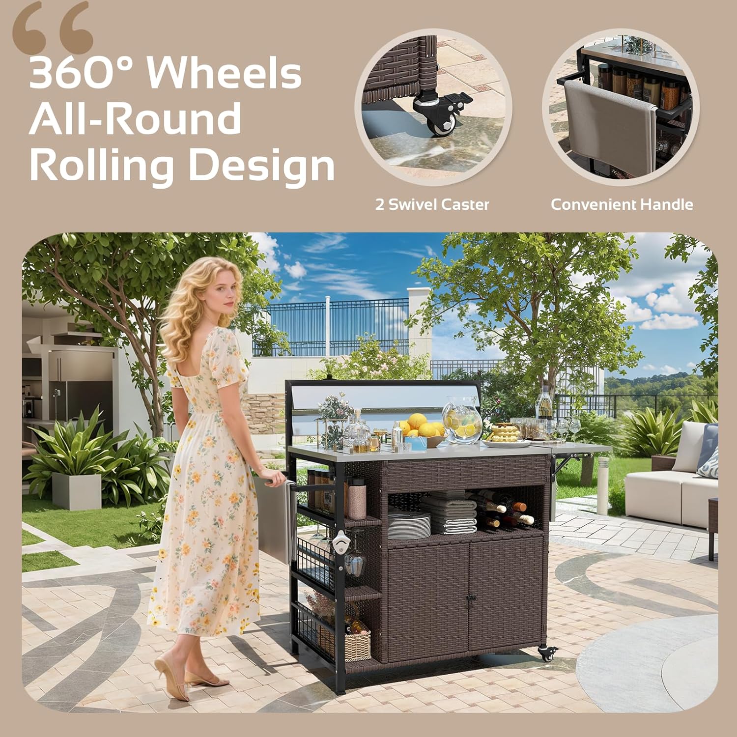 AECOJOY Outdoor Grill Table with Storage, Wicker Kitchen Island Grill Cart with Cabient and Movable Wheels and Spice Rack, Stainless Steel Prep Top Table for Outside BBQ Backyard