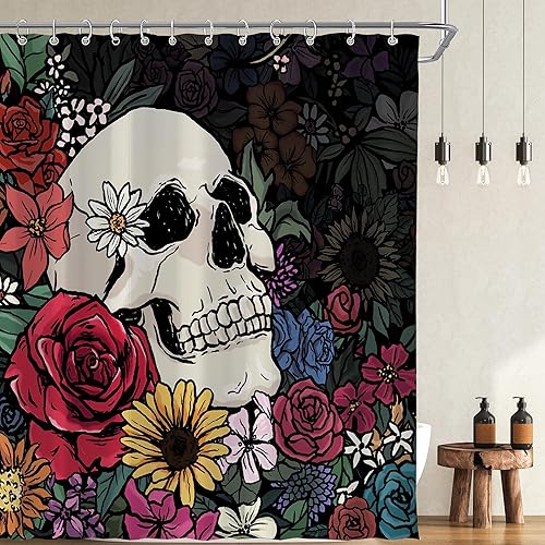 Cortina de ducha de Halloween con diseño de calavera hippie gótica para baño, 72 pulgadas de ancho x 72 pulgadas de alto, espeluznante, rústico,