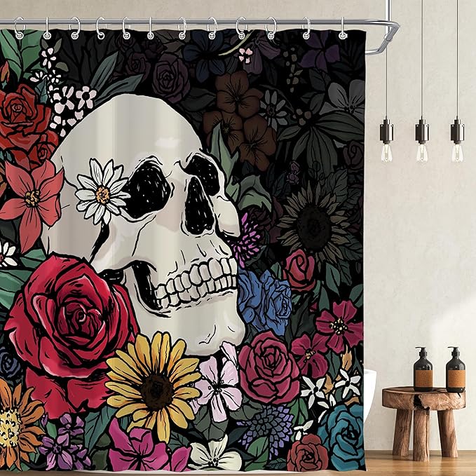 Halloween Gothic Hippie Skull Skeleton Shower Curtain for Bathroom 72W*72H Inch Scary Spooky Rustic Horror Vintage Floral Bathtub Hallowmas Decor Waterproof Polyester Fabric Set with 12 Hooks