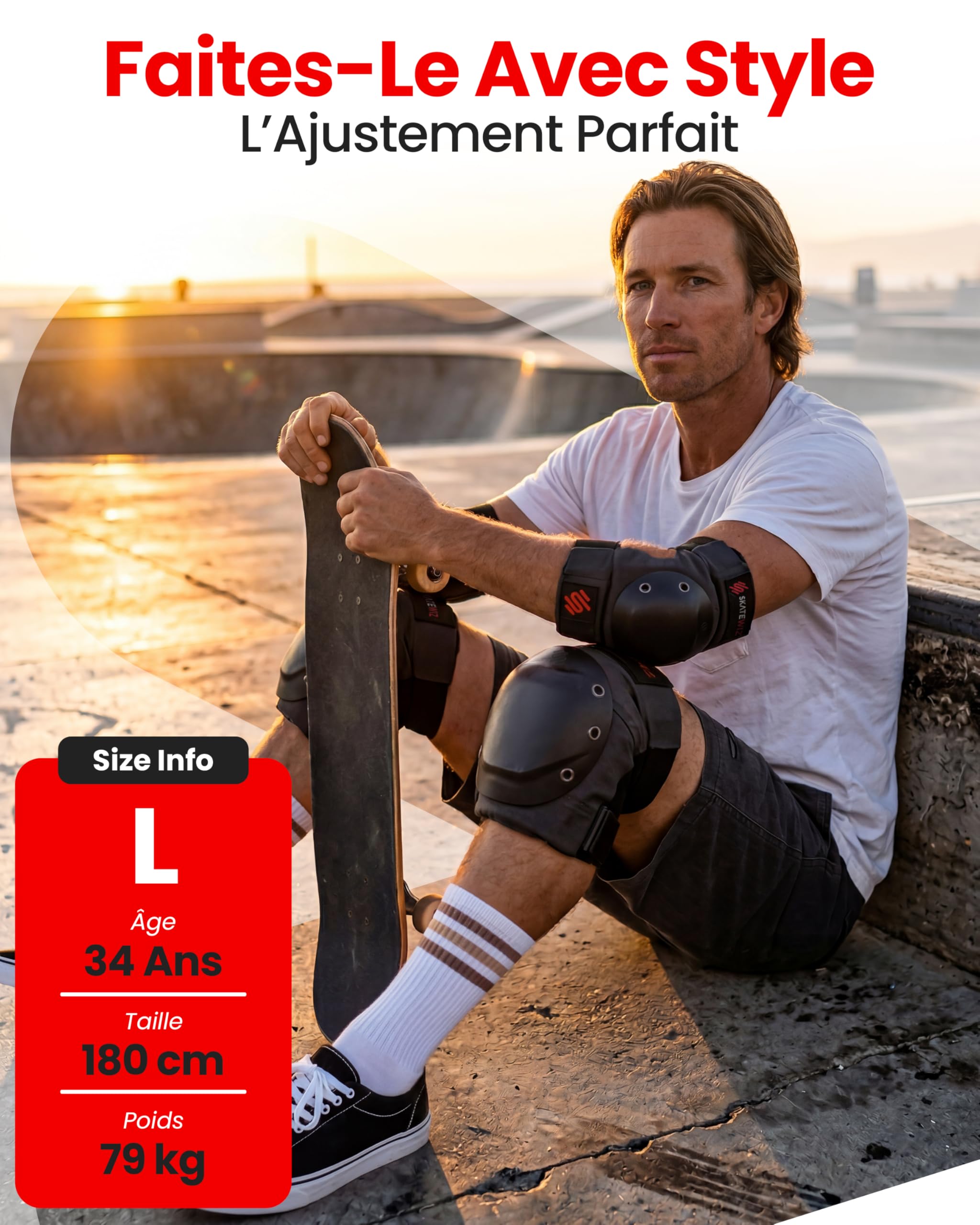 SKATEWIZ Équipement de Protection Patineur Professionnel 6 pièces Manches Néoprène