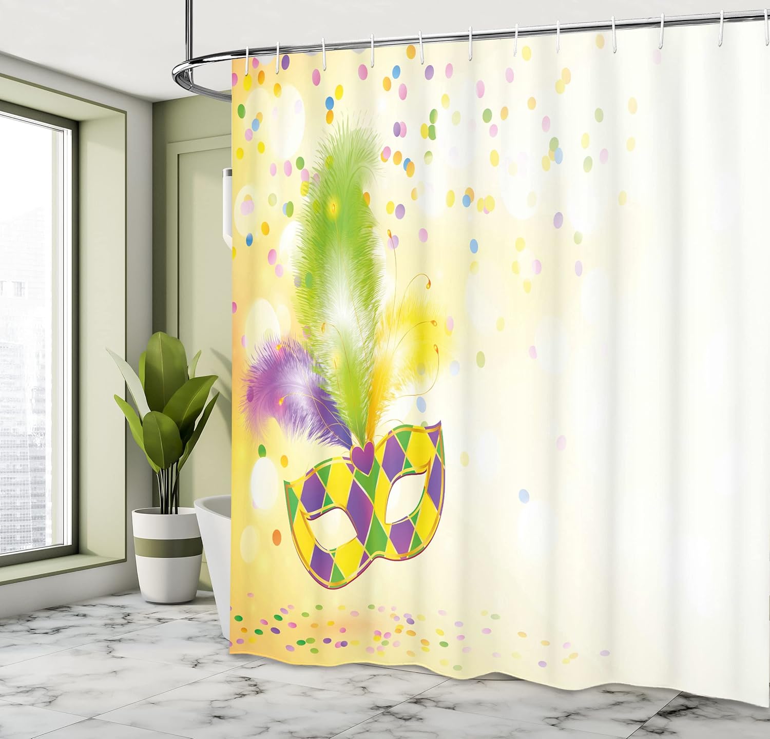 Ambesonne Mardi Gras Shower Curtain, Festival with Ornamental Feathers Colorful Dots Party, Cloth Fabric Bathroom Decor Set with Hooks, 69" W x 70" L, Yellow Green Purple