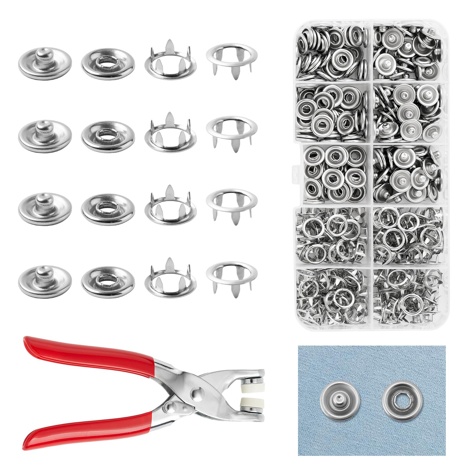 QIUTIMIY 100 Sets Metal Snaps Buttons with Fastener Pliers Press Tool Kit Perfect for DIY Crafts Clothing Sewing, 9.5mm Snap Button Fasteners Kit（Silver Hollow）
