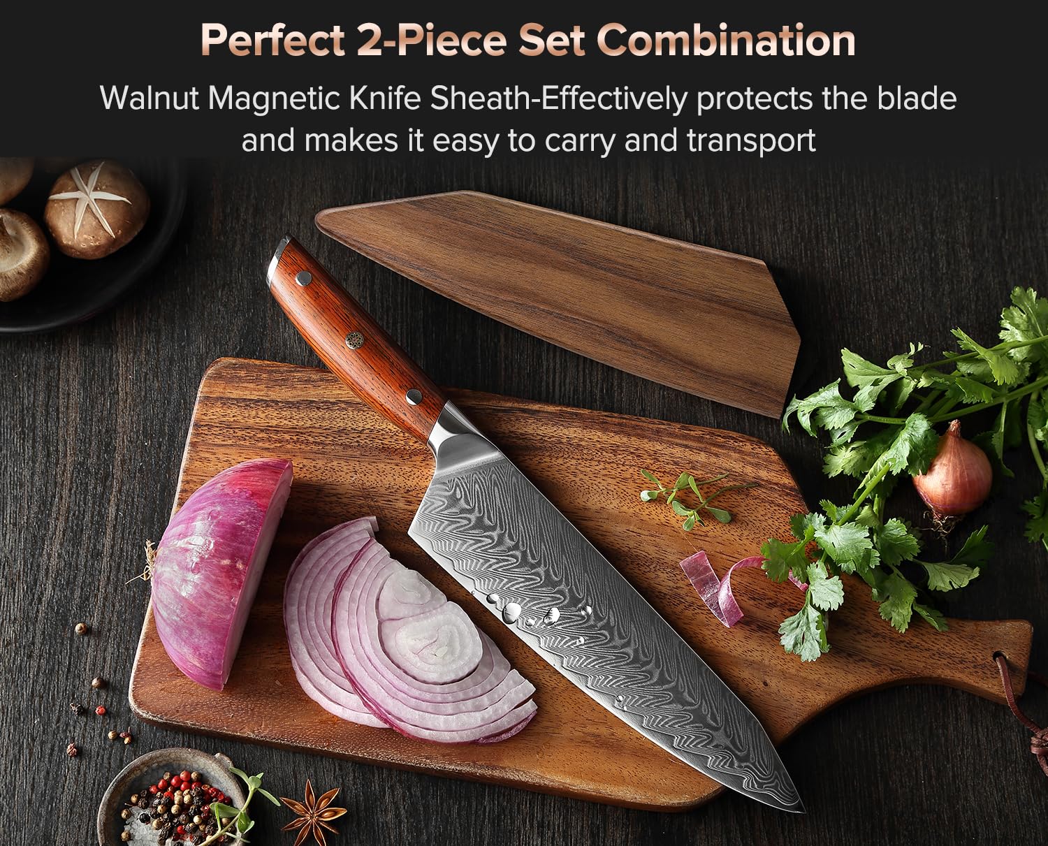 XINZUO Acero de Damasco Cuchillo Chef, 21cm Kiritsuke Cuchillo de Cocinero, Profesional Forjado de Gyuto Cuchillos de Cocina, Mango de Madera de Rosa- con Funda Magnética
