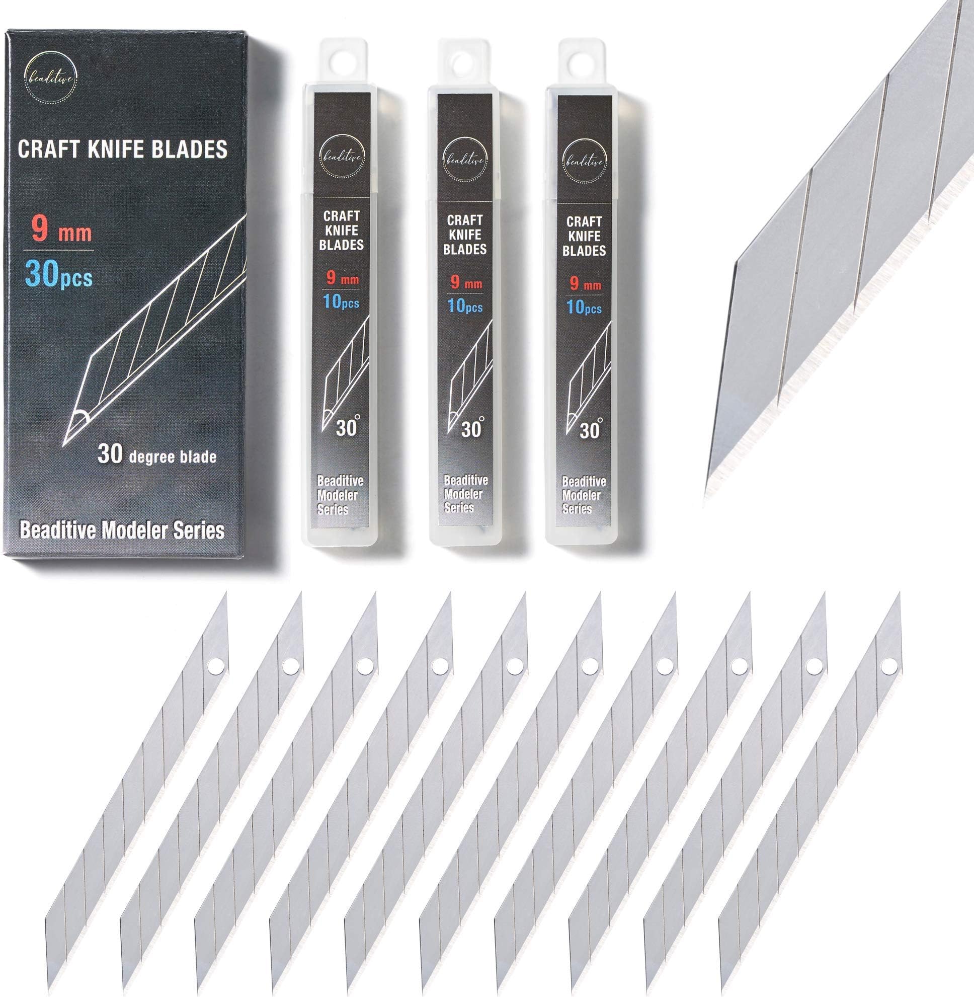 Beaditive Detail Craft Knife Blades (30 pcs) - 30 Degree Snap-Off Utility Knife Blade - Art, Craft, Model Making (Steel)