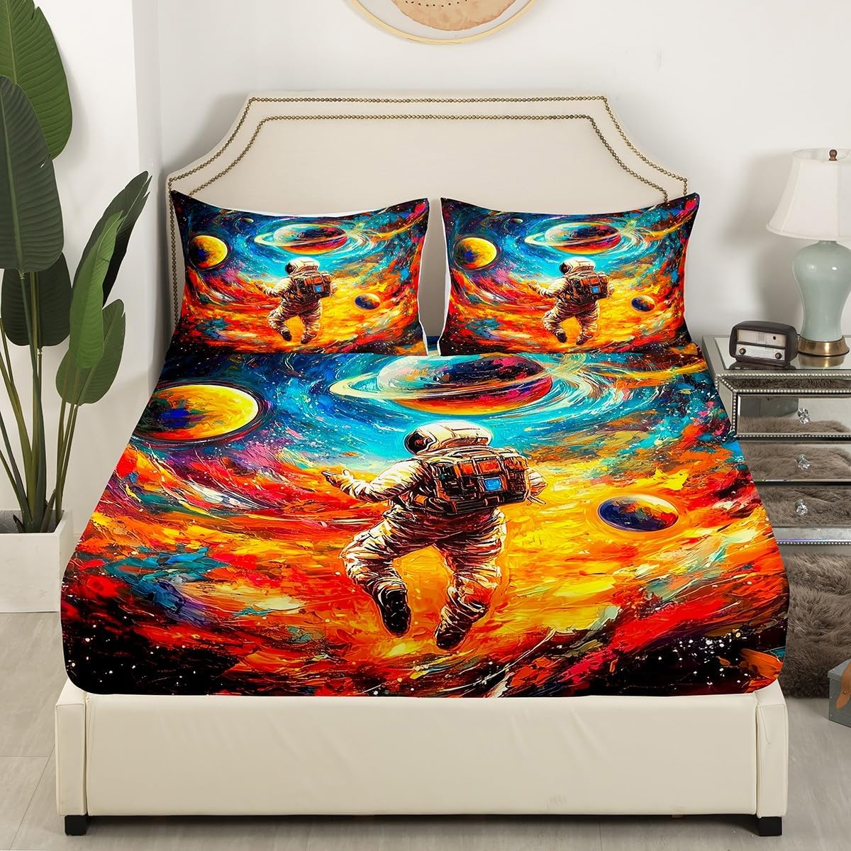 Astronaut Fitted Sheet Queen Size Watercolor Universe Planet Bedding Set for Kids Boys Teens Dreamy Outer Space Bed Sheet Set Starry Galaxy Nebula Bed Cover Room Decor,No Top Sheet