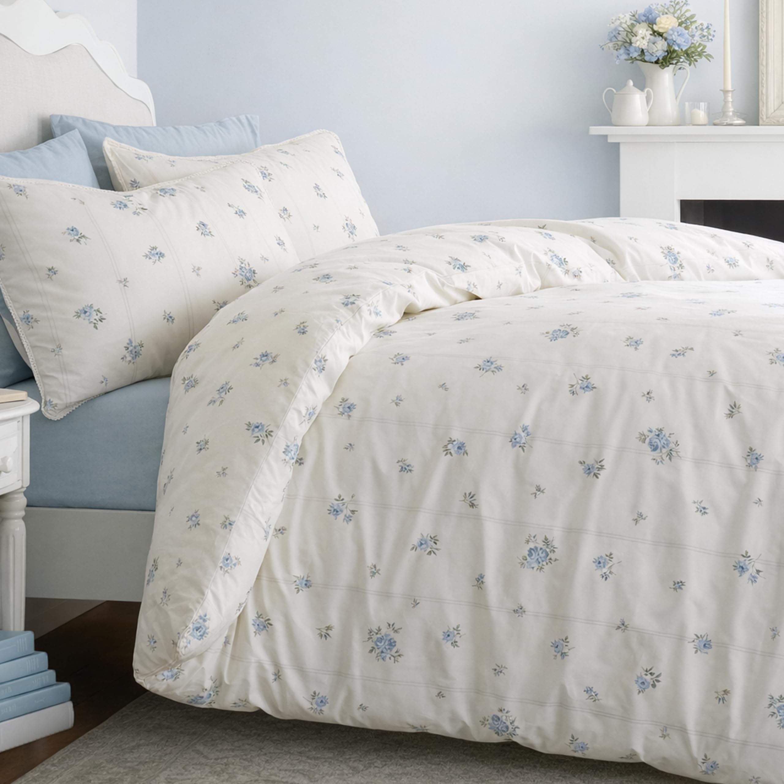 Bianca Vintage Rosebud Lace 200 Thread Count Super King Duvet Set Blue
