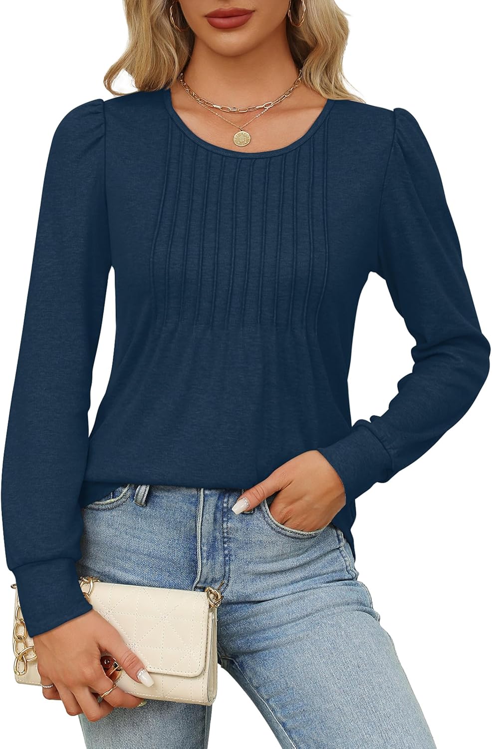 OFEEFAN Long Sleeve Shirts for Women Fall Tops Dressy Casual Blouses Pleated Scooped Neck Tunic Tops for Leggings - Image 2