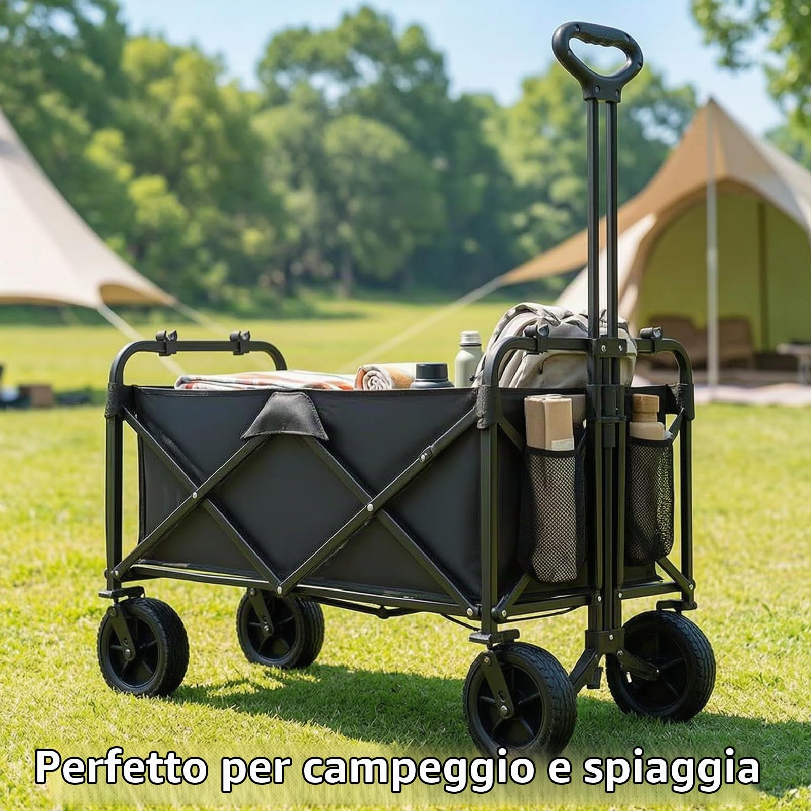 Carrello pieghevole piccolo con manico regolabile in altezza, portata 150 kg | Carrello per la spesa pieghevole da campeggio, per giardino, spiaggia, shopping, salvaspazio, pieghevole