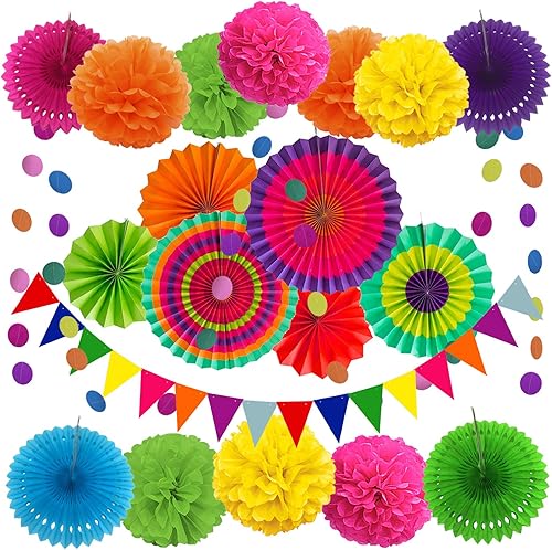 Miniatura 12 de ZERODECO - Decoración de fiesta, 21 piezas de abanicos de papel amarillo colgantes, pompones, flores, guirnaldas, tiras de lunares y banderines
