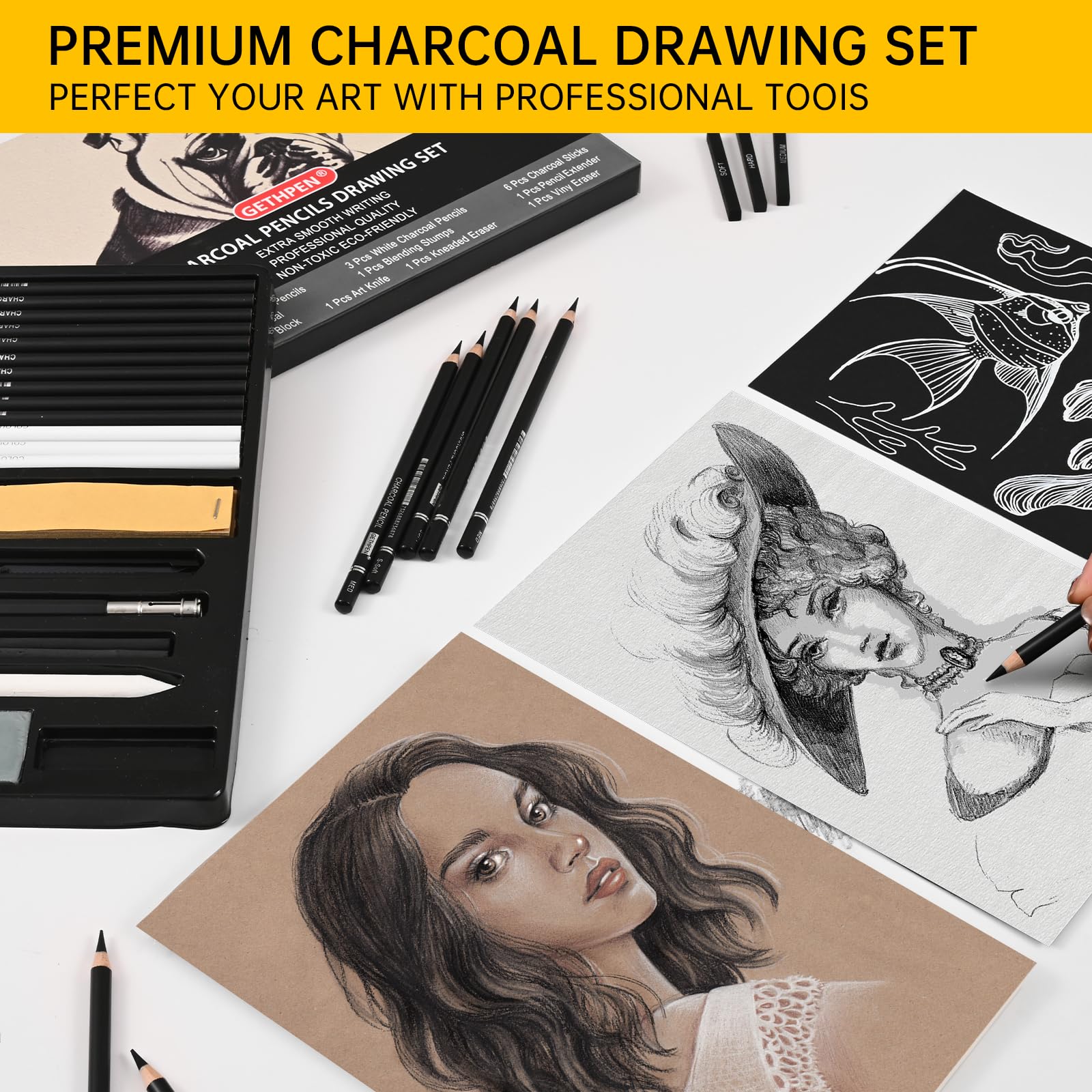 Juego de dibujo de carbón, 27 lápices de carbón blanco y negro para dibujar, bocetar, sombrear, mezclar, palos de grafito para dibujar, suministros de arte de carbón, lápices de artista para