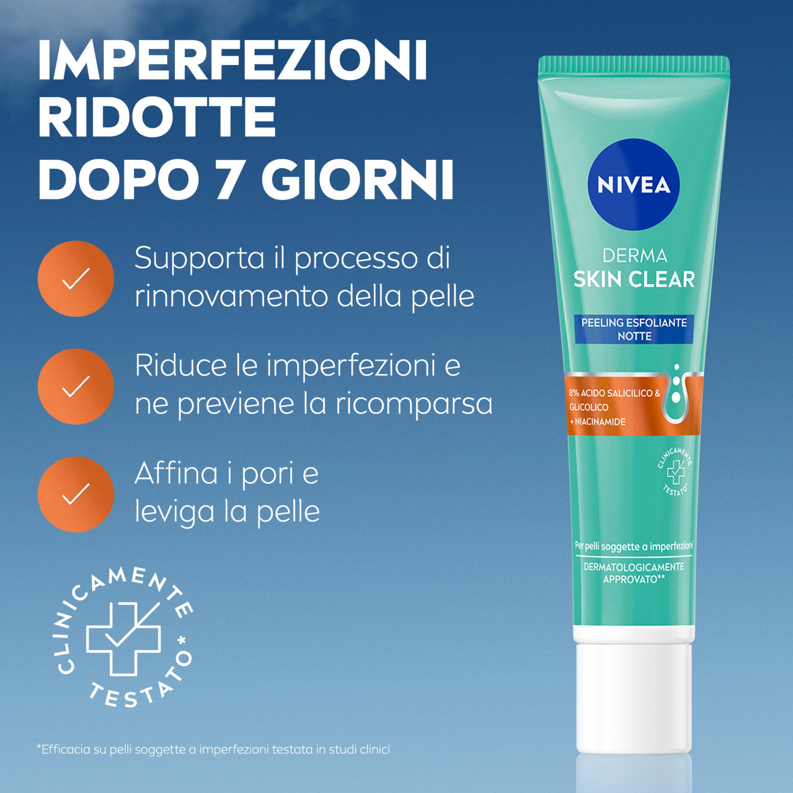 NIVEA Derma Skin Clear Peeling Anti-Imperfezioni 40 ml, Peeling viso esfoliante per la cura della pelle mista con Acido Glicolico, Acido Salicilico e Niacinamide, Esfoliante viso purificante