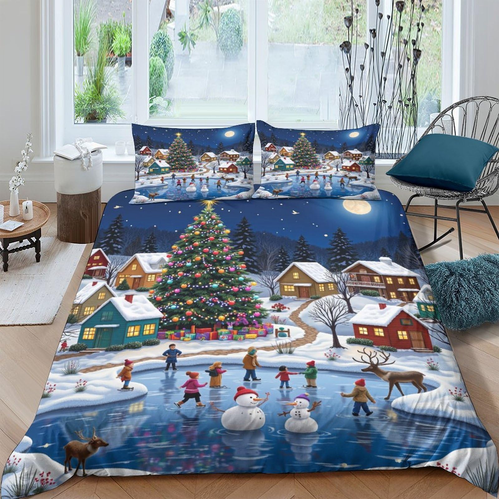 Ctjqhvkz Style-9 3D Printed Christmas Village Fitted Sheet Microfiber Soft Winter Night Bed Cover For Bedroom Guest Room Decor Single（135X200cm）