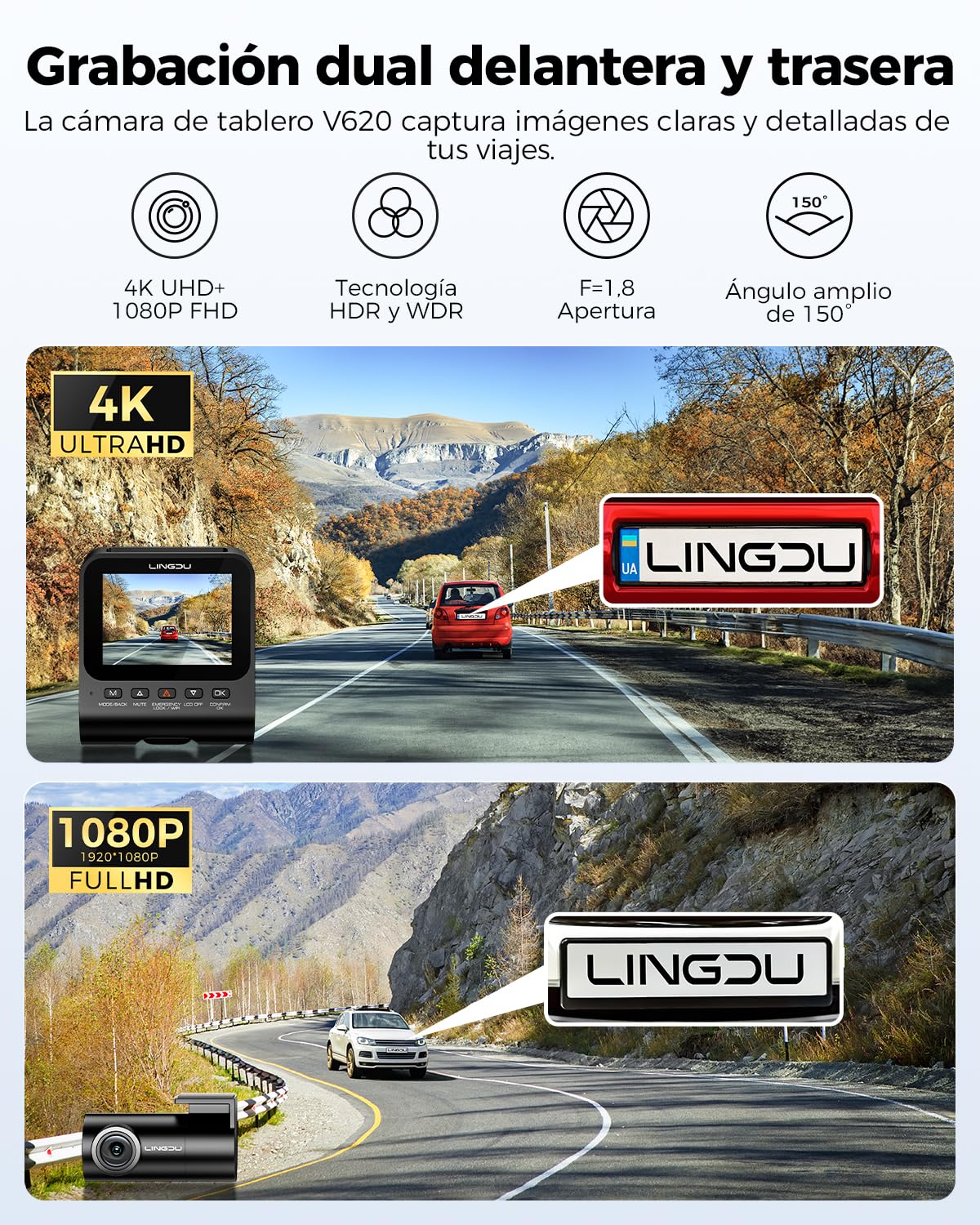 V620 Dashcam Cámara Coche 4K+1080P,Doble WiFi GPS Dash CAM Coche con Tarjeta SD de 64GB,2.4" IPS Camara Coche Grabadora,ADAS,170° Gran Angular,Visión Nocturn,WDR,Sensor G,Grabación en Bucle