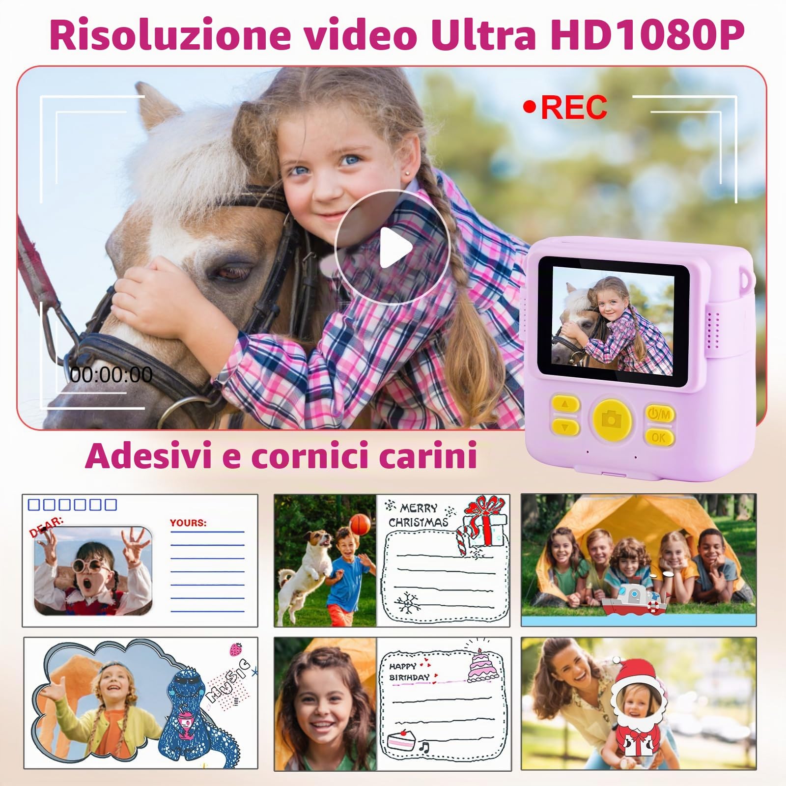 CHRERNA Macchina Fotografica Bambini Istantanea,2,4 Pollici Fotocamera Istantanea Bambini con 32GB Scheda, 1080P HD Fotocamera Digitale Bambina, Regalo per Ragazze Ragazzi da 3-12 Anni