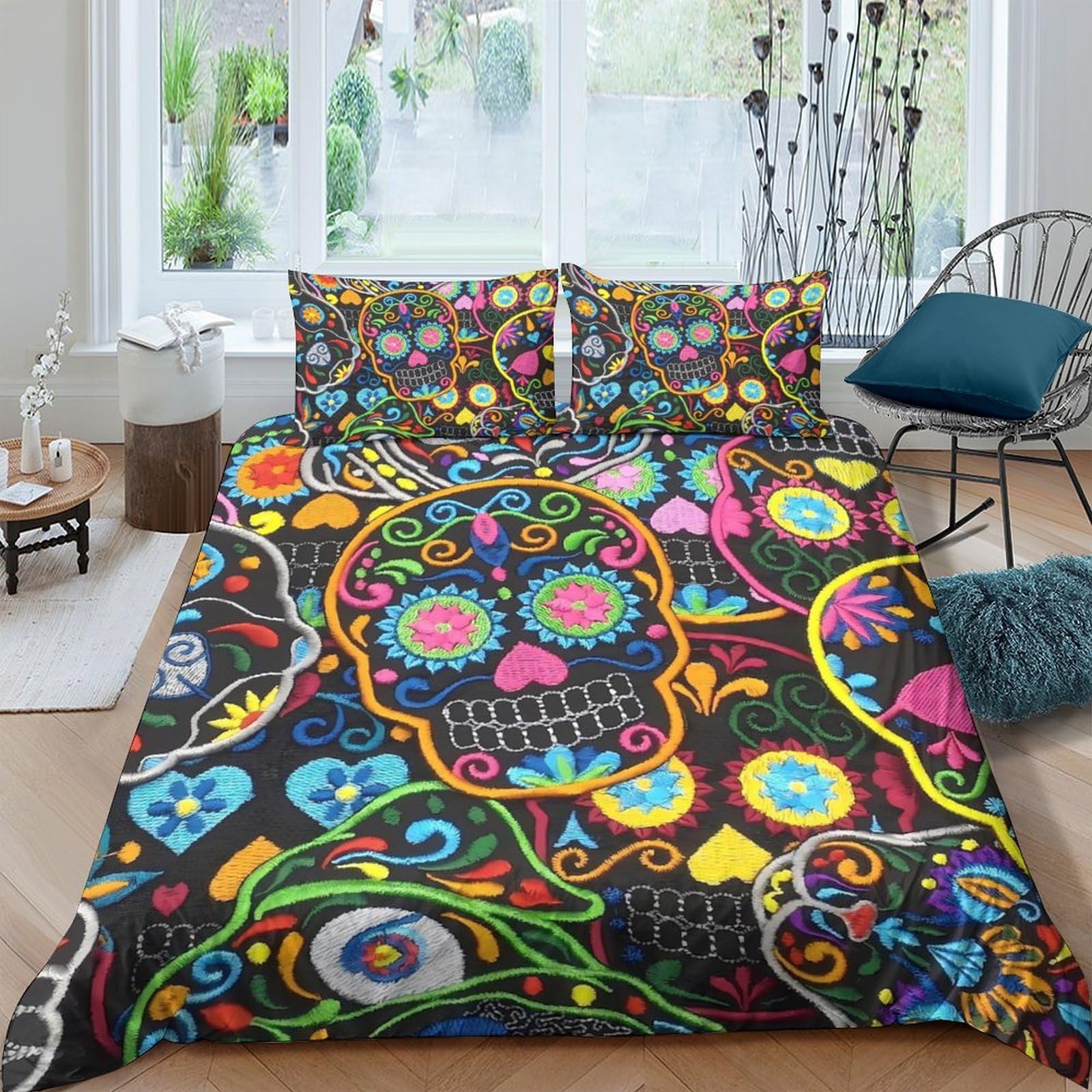 Ctjqhvkz Style-7 3D Printed Colorful Sugar Skull Fitted Sheet Microfiber Soft Floral Day Of The Dead Mattress Cover Bedroom Decor Single（135X200cm）
