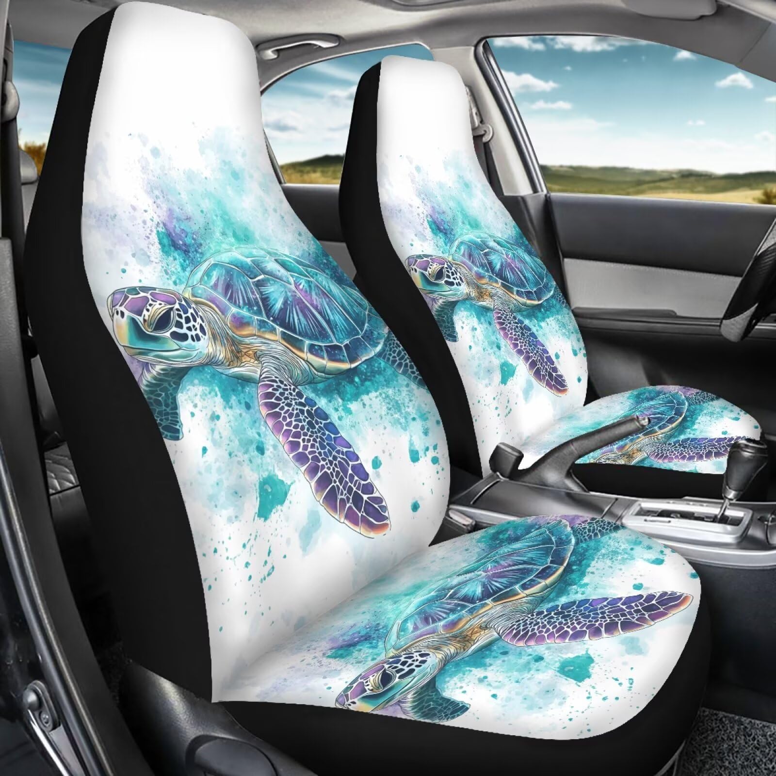 Horeset Vordersitzbezüge, 2 Stück, Meeresschildkröte, Boho, atmungsaktiv, Sitzschutz, Kissenbezüge, universal, passend für die meisten Fahrzeuge, Sommer, Automobilzubehör, Innenraum