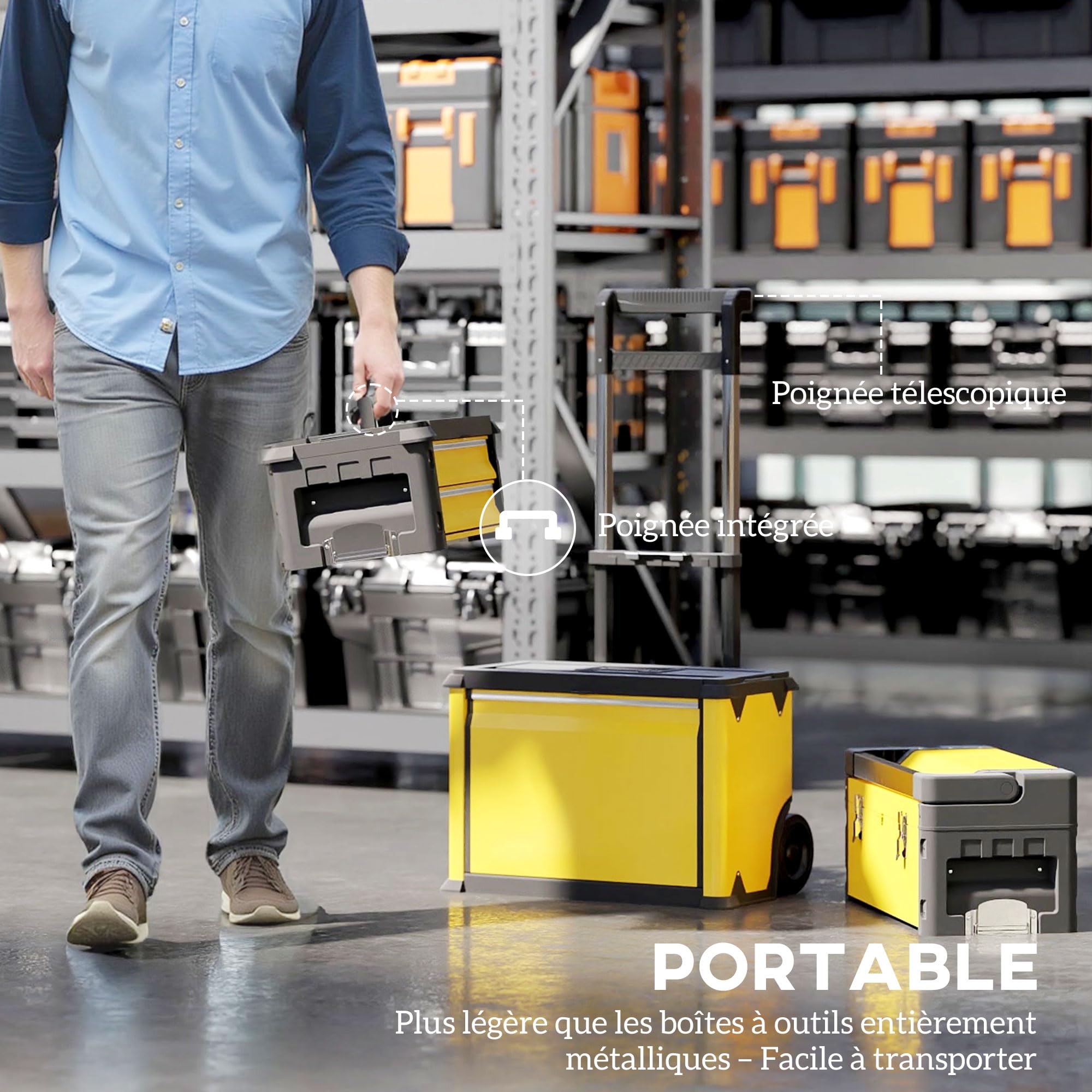 HOMCOM Set di 3 cassette portautensili su ruote impilabili e modulari per officina trolley in acciaio con vassoio, maniglie e serratura, per garage e magazzino, colore giallo