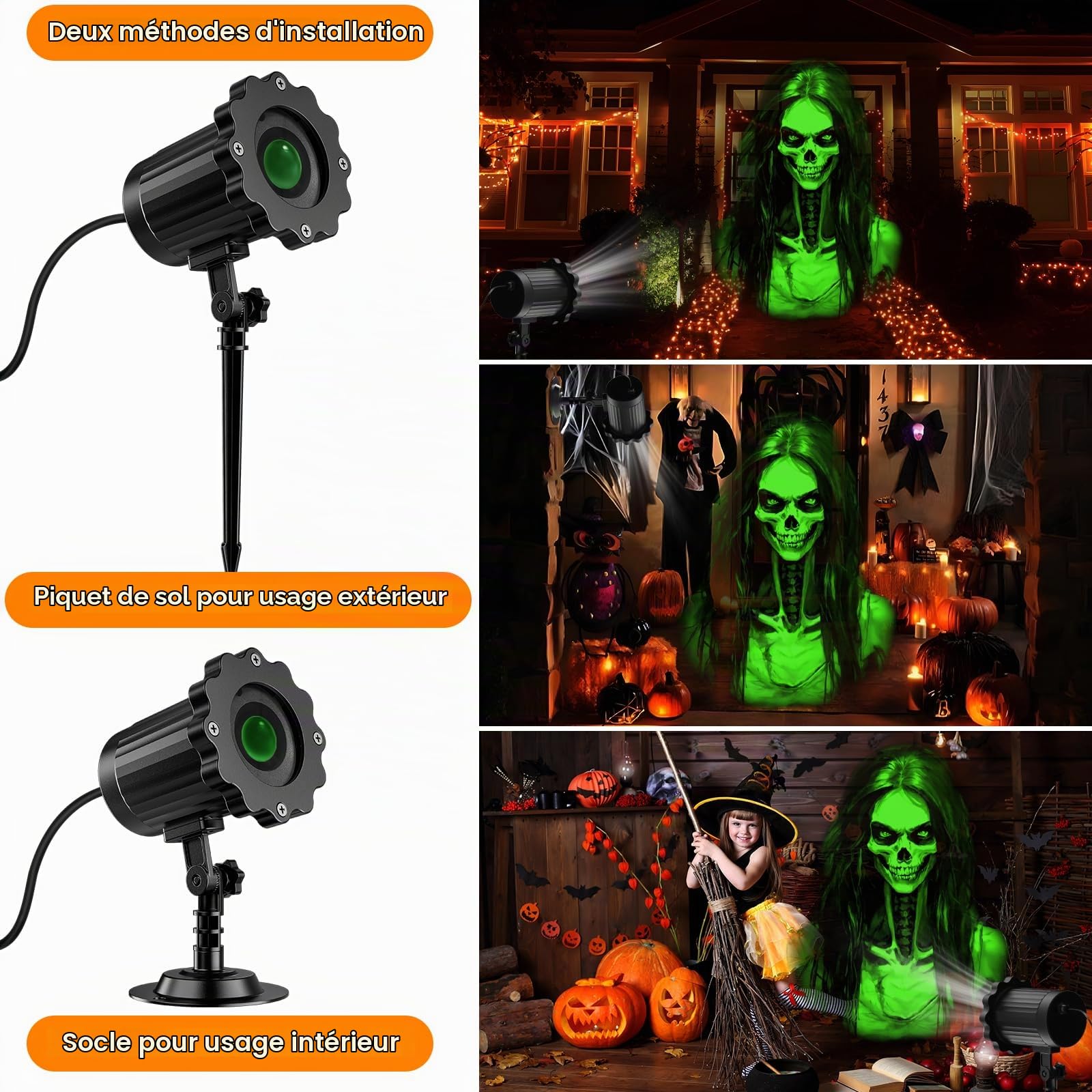 Projecteur d'Halloween extérieur, motifs 3D dynamiques 3D améliorés HD, lumière de vacances plus claire, idéal pour les fenêtres, les murs et les projections de couverture de porte de garage