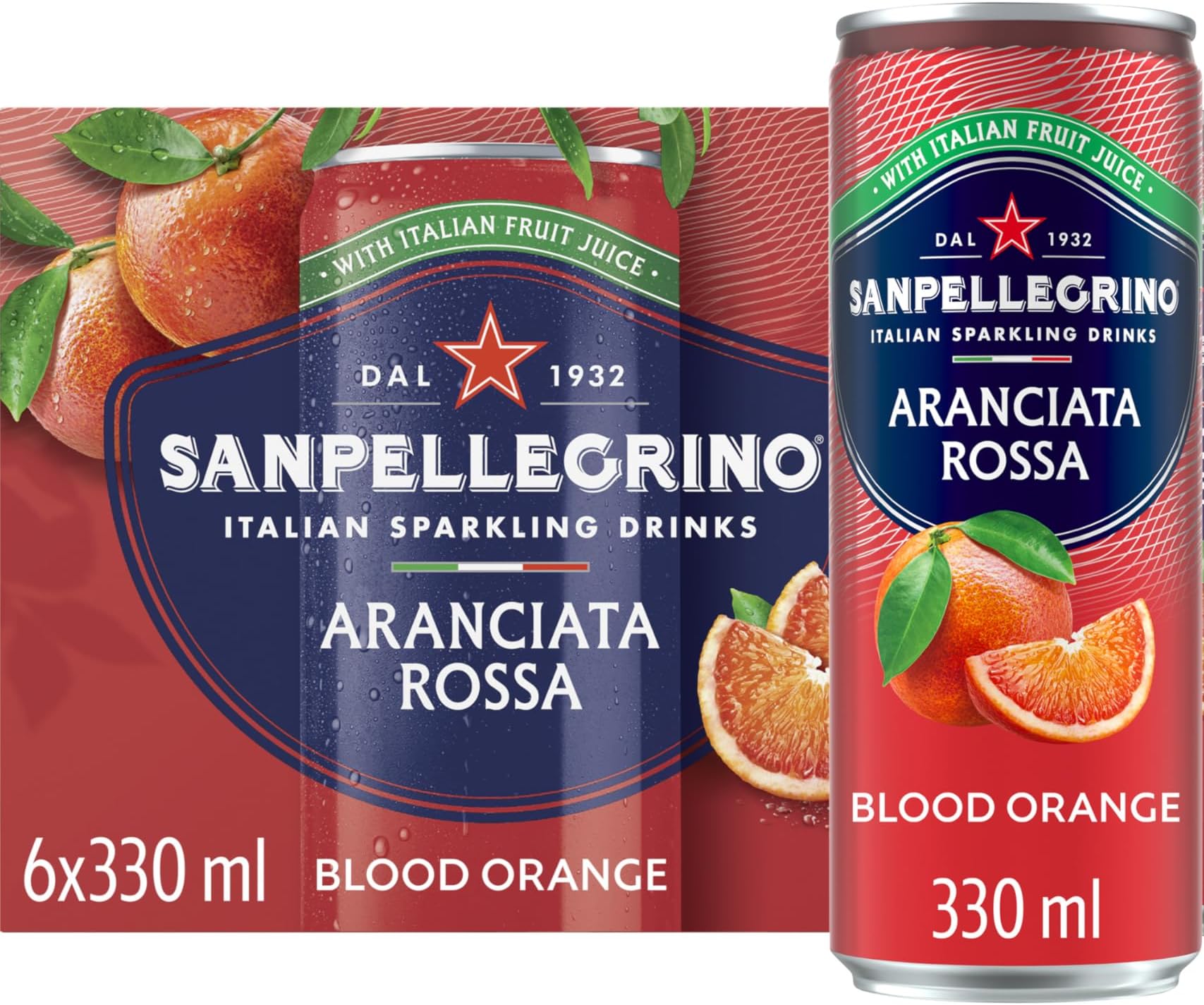 Italian Sparkling Drinks Tastefully Light Sparkling Blood Orange Canned Soft Drink 6 x 330ml | 69 kCals per Can