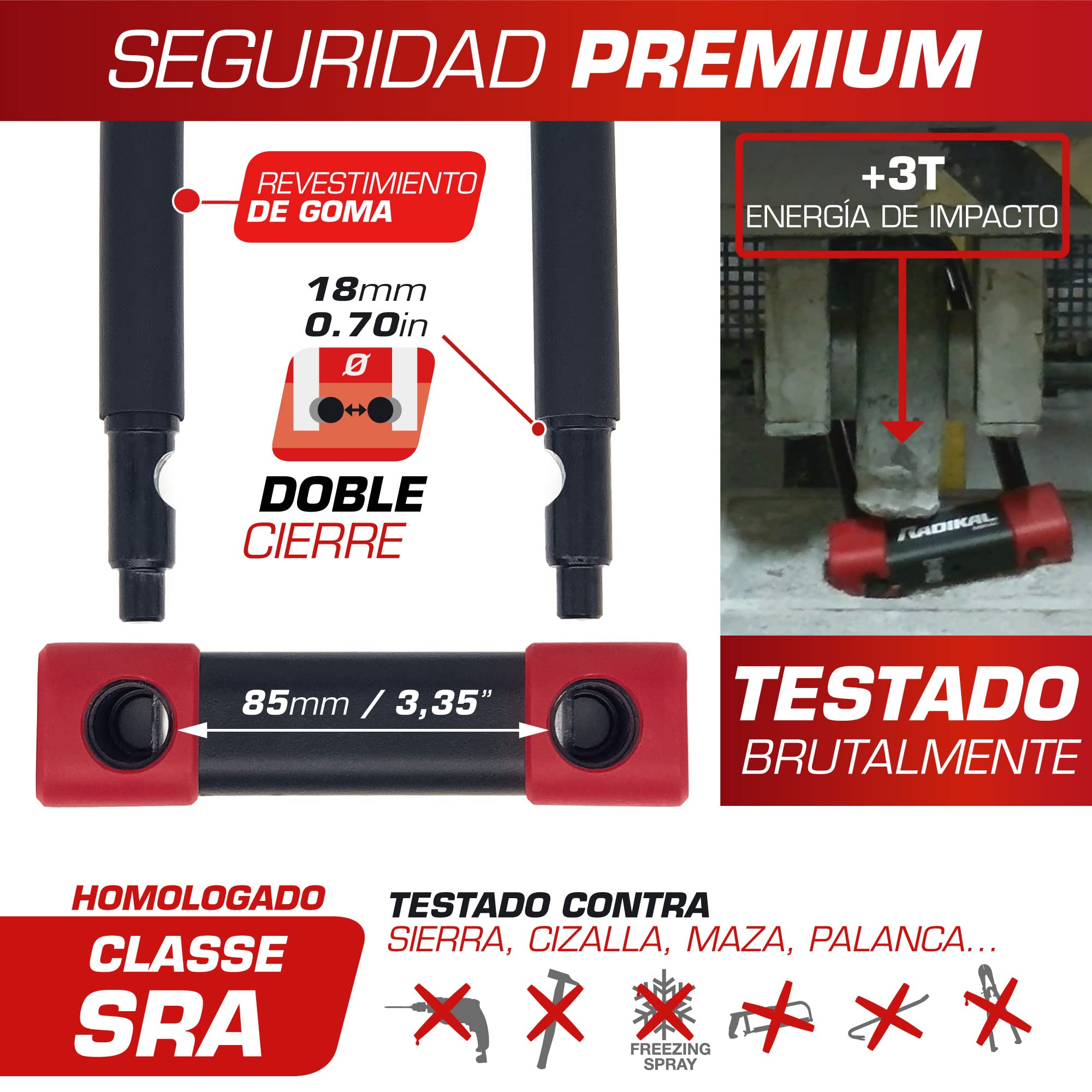 RADIKAL RK120R Candado Moto U Alta Seguridad Homologado SRA, 120x120mm, Arco ø18mm Acero Cementado Revestido de Doble Cierre, Cerradura Antiganzúa, Antirrobo U para Motocicleta Scooter, Bici Eléctrica