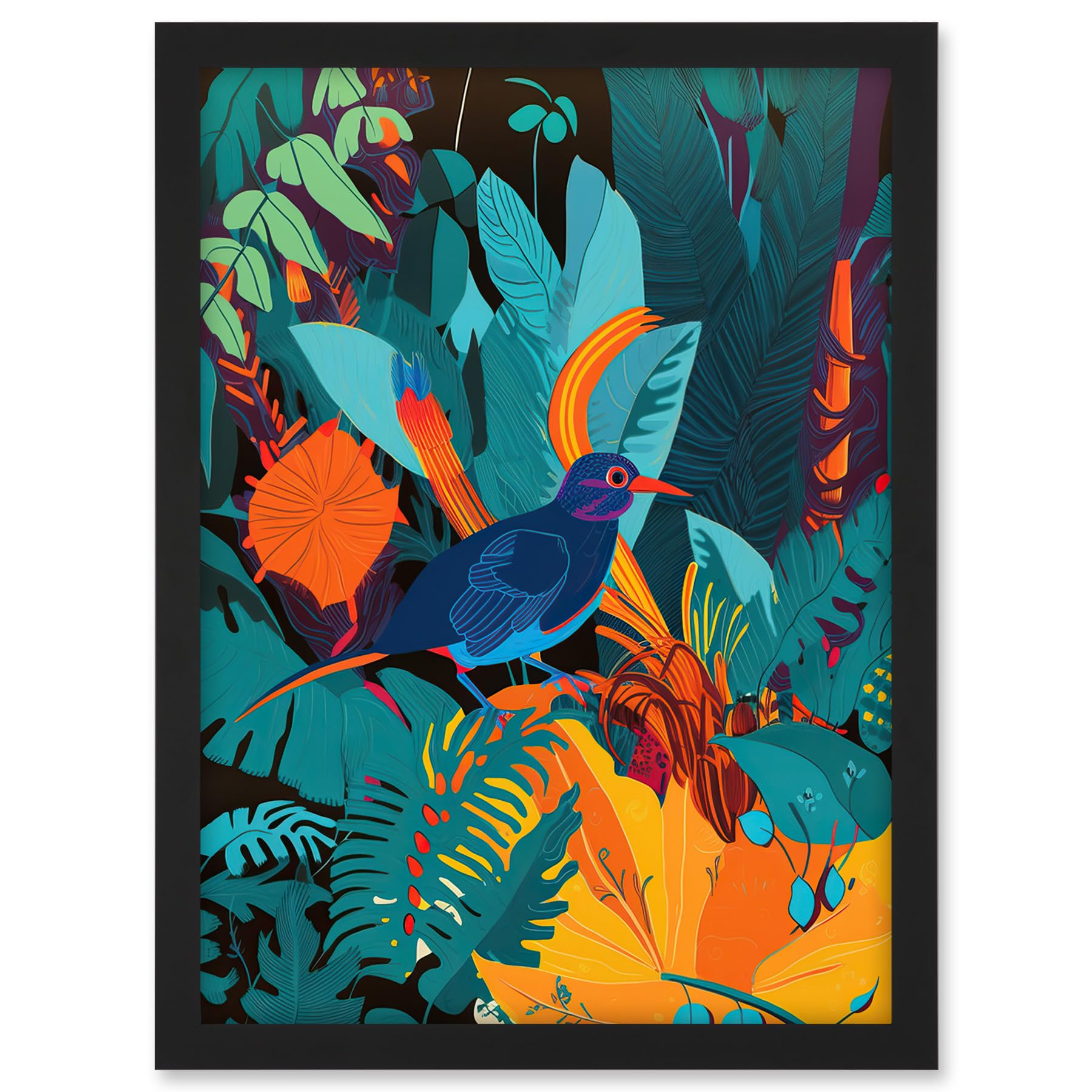 Artery8 Bird in Tropical Forest Vibrant Illustration Artwork Framed A3 Wall Art Print