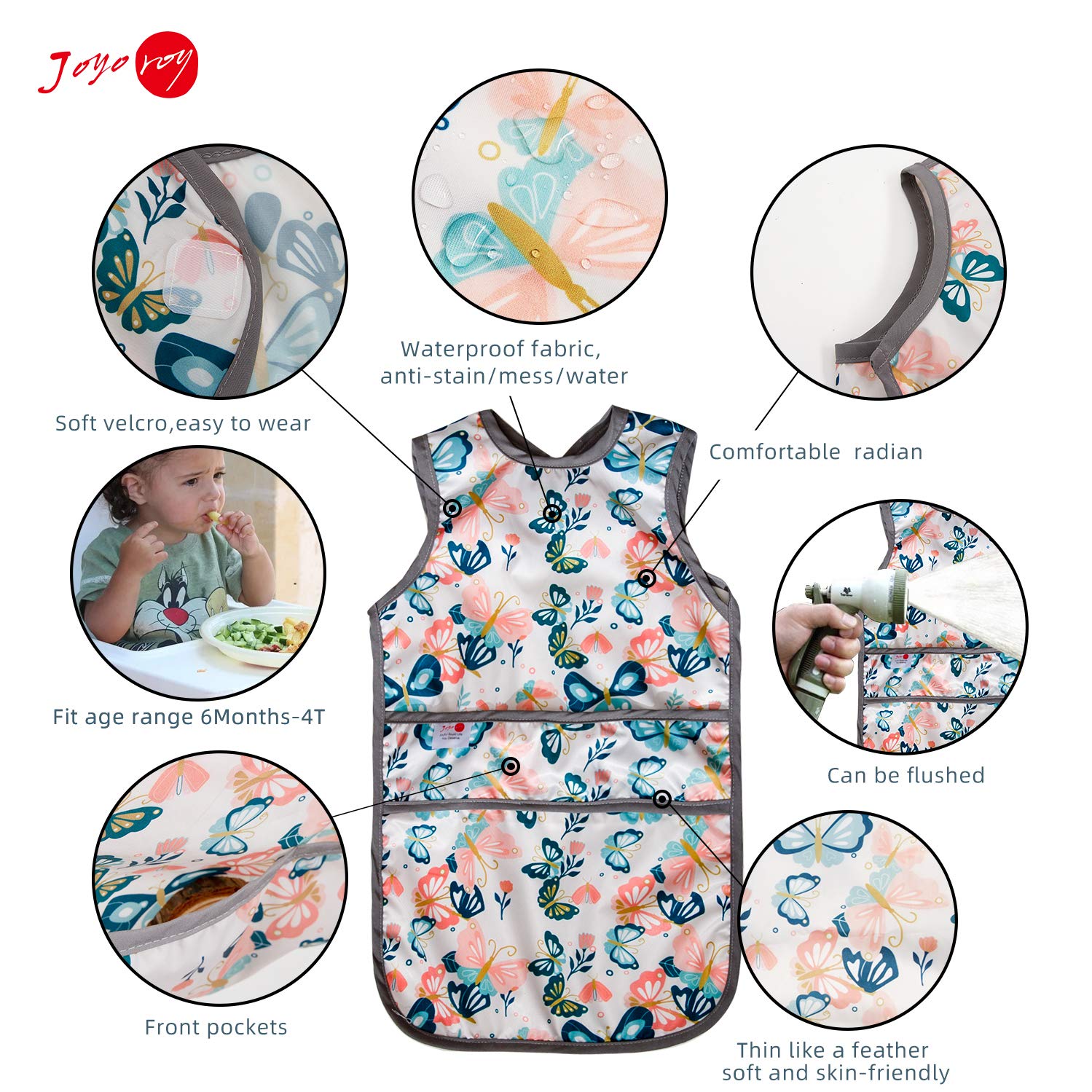 Joyo roy Mess Proof Baby Bibs for Eating Waterproof Toddler Bibs 2-4 Years Soft Machine Washable Sleeveless Smock Bib for Baby Girl Travel Reusable Led Weaning Apron for Feeding Bib with Food Catcher