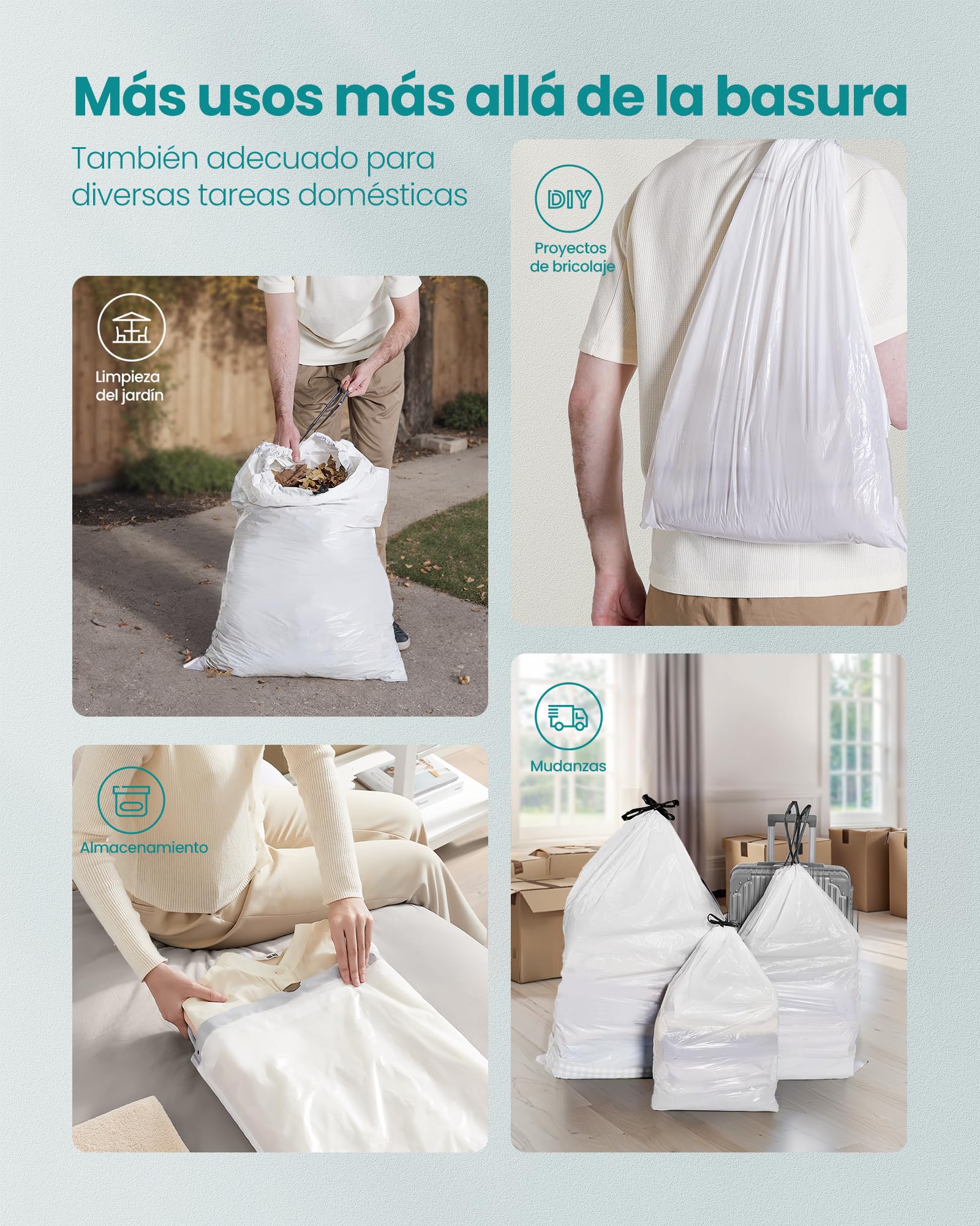 SONGMICS Bolsas de Basura, 10 L Bolsas de Basura con Cordones, 80 Piezas, Código R, Resistentes, Caja de Dispensación Rápida, Blanco Crema KRB011A02