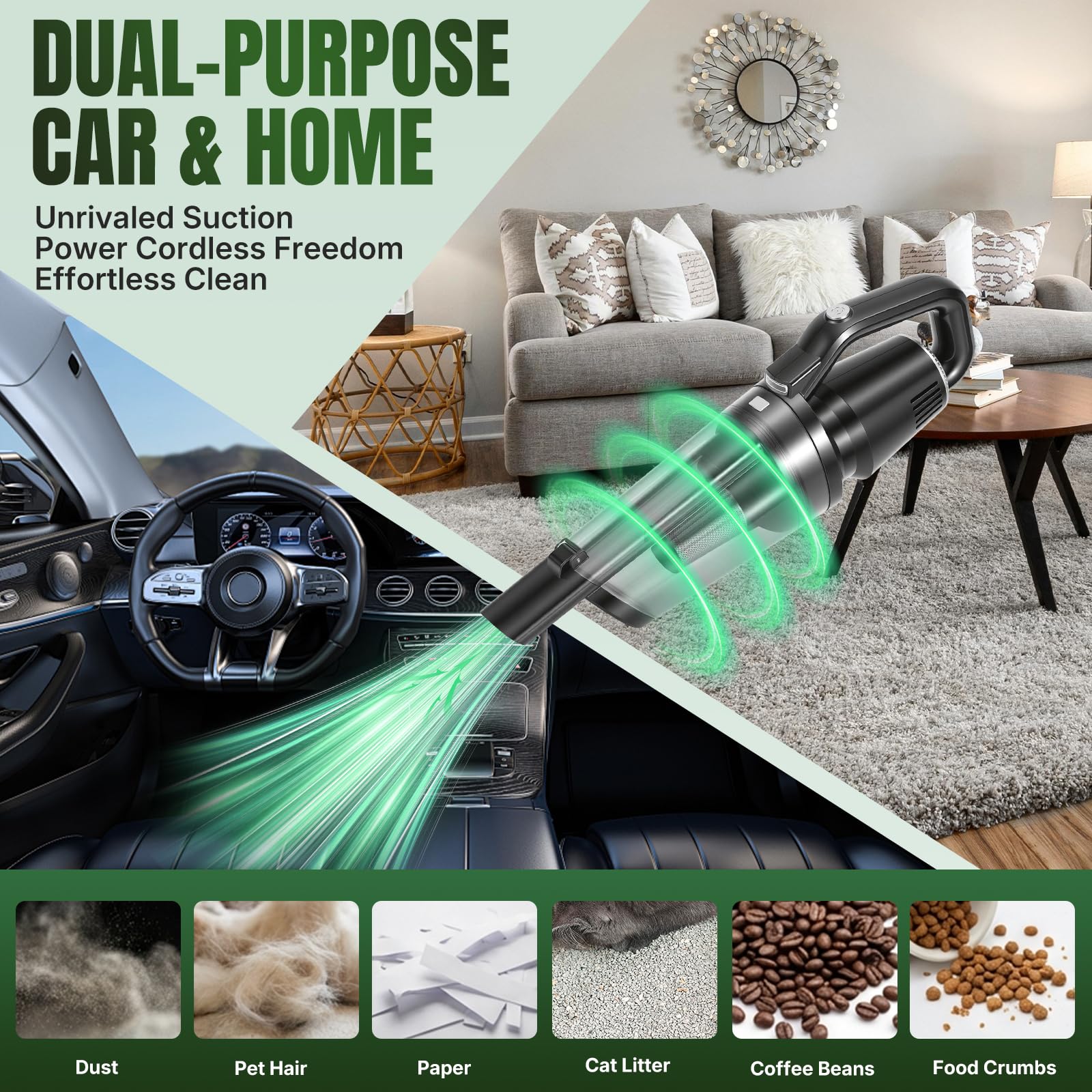 Aspiradora de mano con batería, aspiradora para coche fuerte, mini aspiradora inalámbrica 10000 Pa Car Vacuum Cleaner, portátil, ligera y recargable para coche, hogar y mascotas