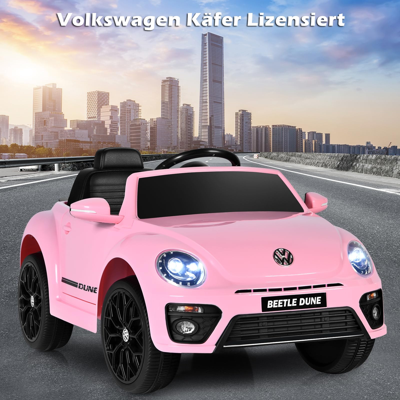 COSTWAY VW Beetle Elektroauto für Kinder, Kinderauto Elektro mit Musik und 2 Beleuchtungsmodi, inkl. 2,4G Fernbedienung, Elektrofahrzeuge für Kinder ab 3 Jahre (Rosa)