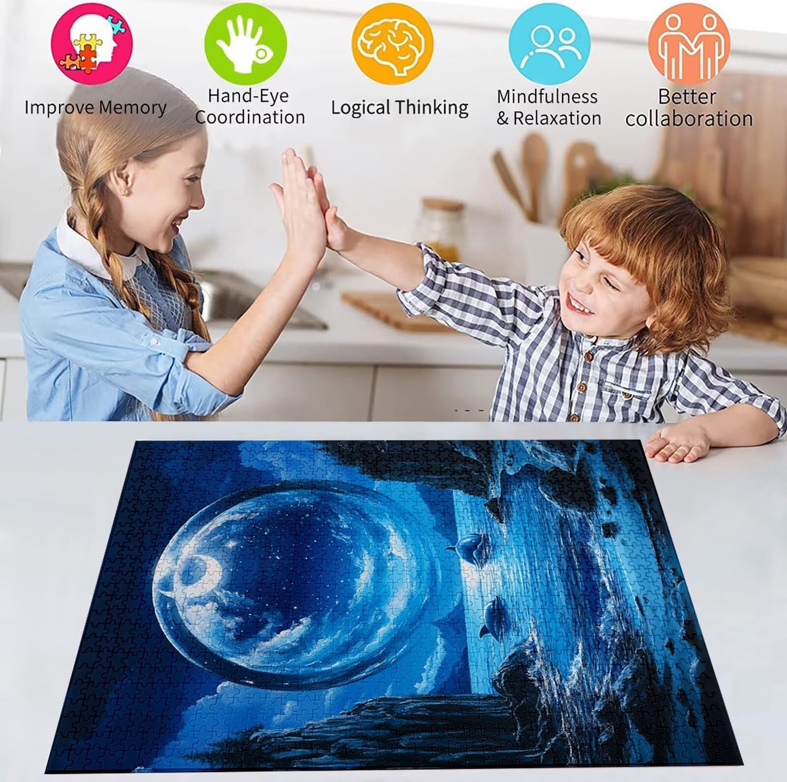 Puzzle 2000 Pezzi, 3 4 5 Anni Puzzle Luna 6 7 8 Anni Giochi Educativi Sostenibili Con Motivi Per Adulti Da Gioco in Legno Di Alta Qualità Jigsaw Delfino per Gioco Familiare, 2026 Regalo Natale H-2309