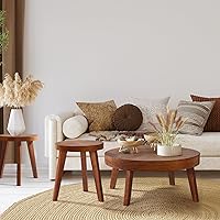 Vista 7 de Juego de 3 mesas de centro redondas estilo granja, mesas nido de estilo bohemio para sofá, mesas auxiliares con acabado natural de madera para sala