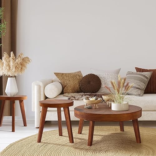 Miniatura 7 de Juego de 3 mesas de centro redondas estilo granja, mesas nido de estilo bohemio para sofá, mesas auxiliares con acabado natural de madera para sala