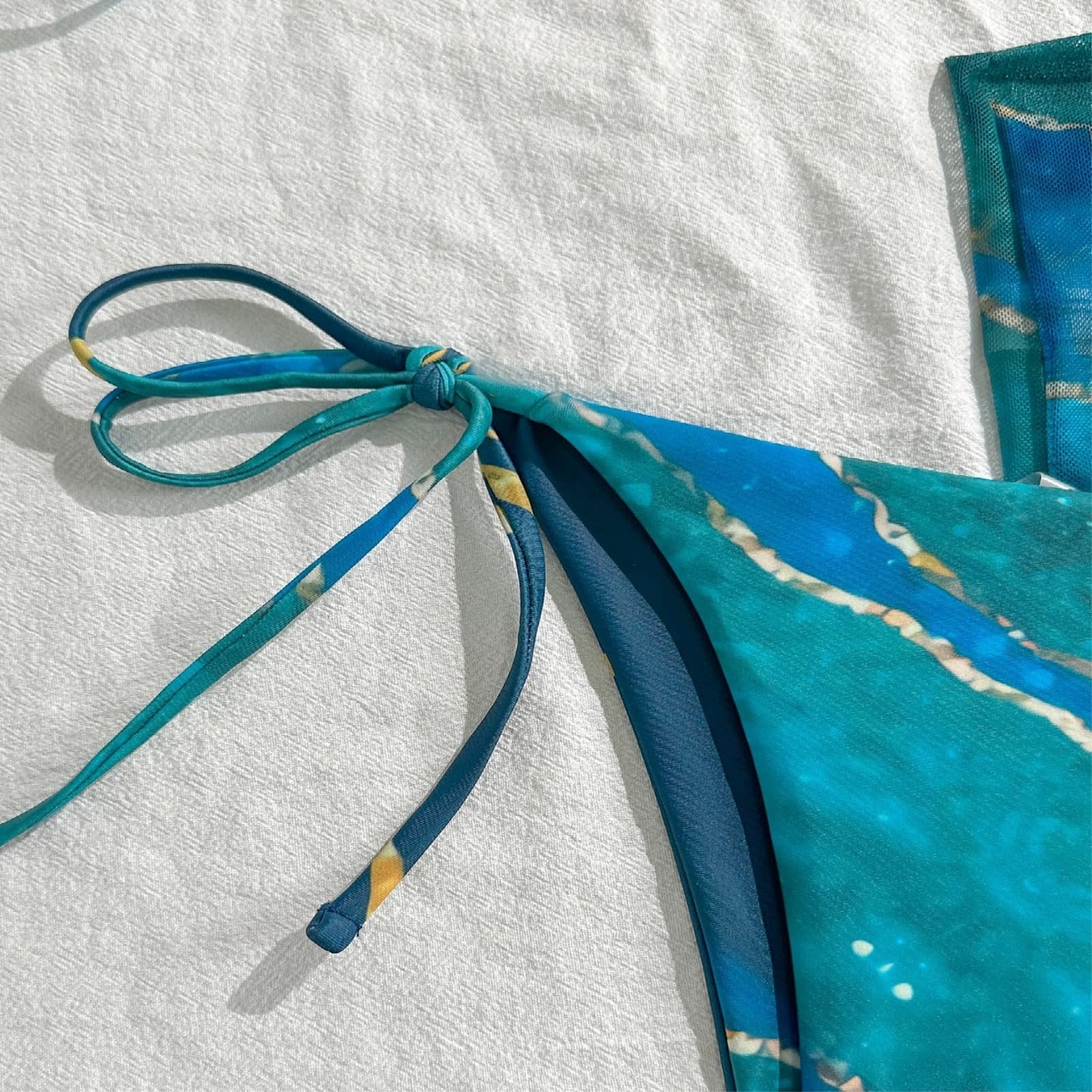 Bikini Donna Blu Marmo Stampa 3 Pezzi Set Triangolo Costume da Bagno con Gonna-Blue-s