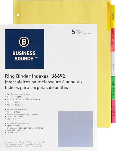 Business Source Ring Binder Index Dividers - Set of 5 Multicolored Tabs (36692)