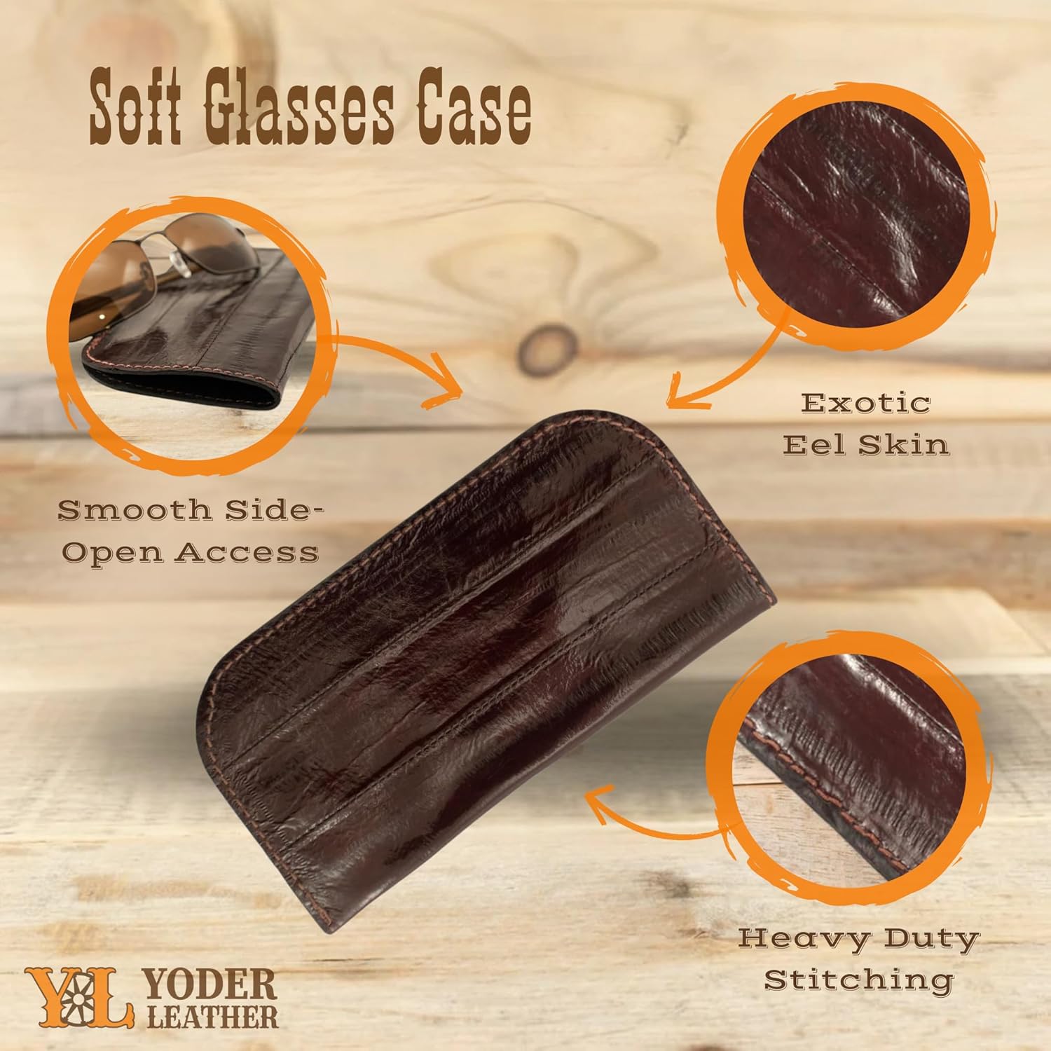 Yoder Leather Company Genuine Pacific Eel Skin Leather Eyeglasses Case, Slim Sunglasses Pouch