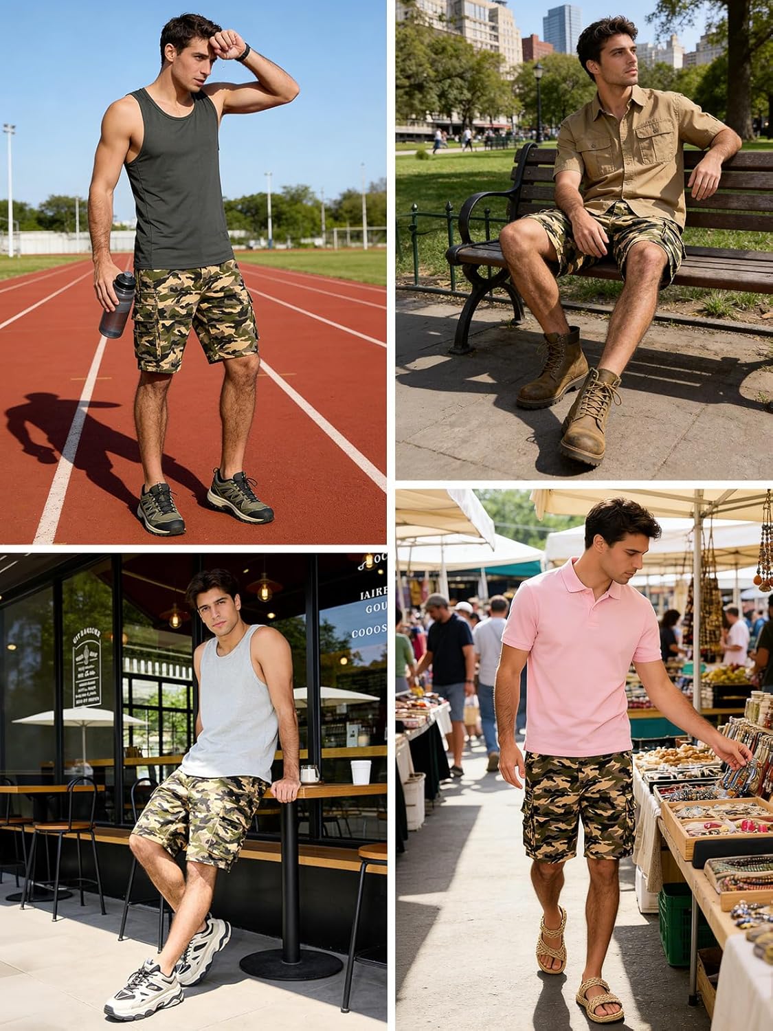 Men's Cargo Shorts Casual Elastic Waist Short with 9 Pockets