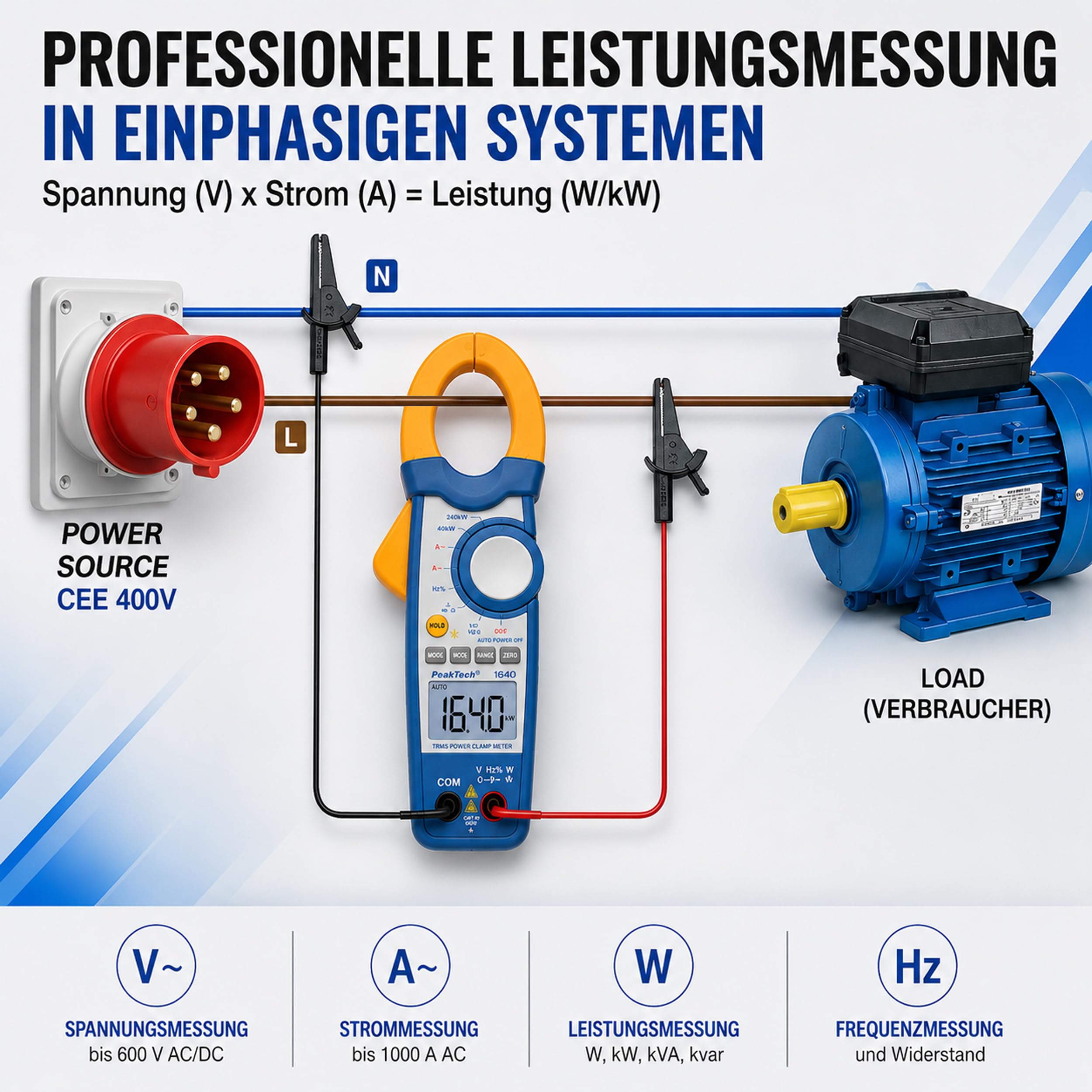 PeakTech P 1640 True RMS Stromzange 1000A AC DC und Digital Multimeter 4000 Counts mit Durchgangsprüfer - CAT III 600V, 1 Stück, Blau, Gelb, Weiß