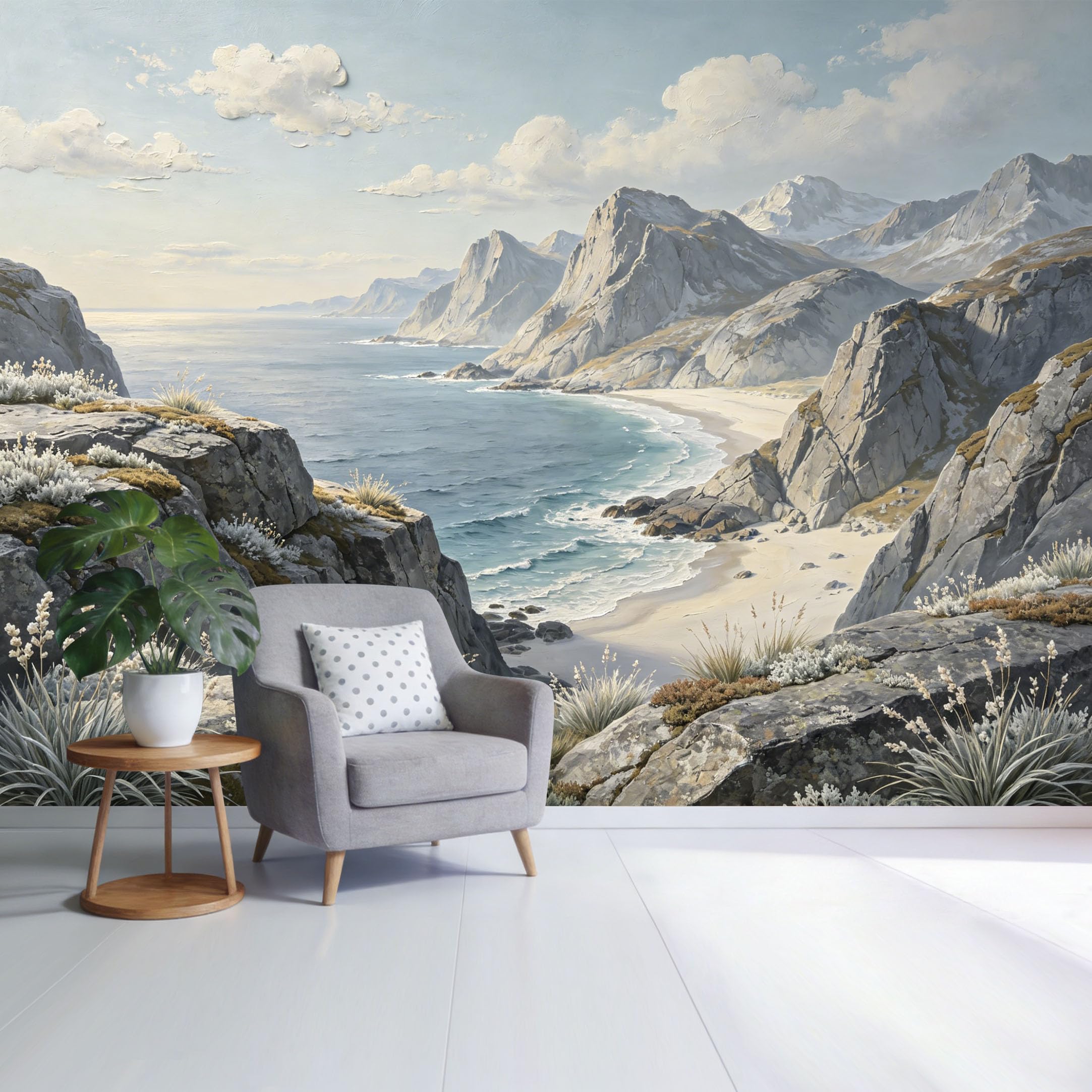 Custom Size Wall Mural Coastal Mountain Seaside Landscape Ocean Cliff View Watercolor Style SelfAdhesive Wall Fabric Removable Wallpaper for Home Office Decor