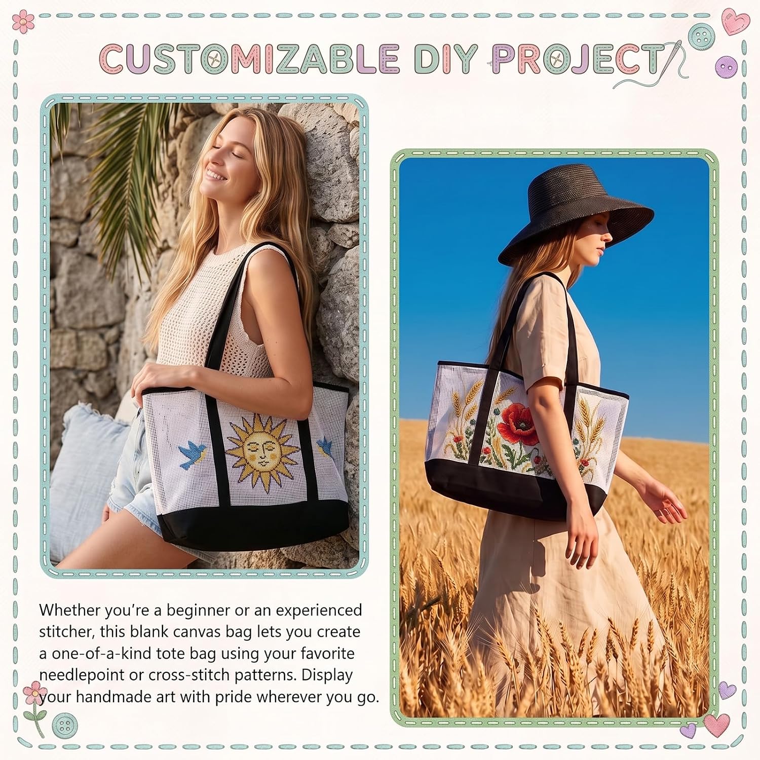 Sabary DIY Needlepoint Tote Bag for Adult Beginner Soft Plastic Grid Canvas Bag with Black Canvas Body DIY Cross Stitch Needlepoint Totebag kit for Embroidery