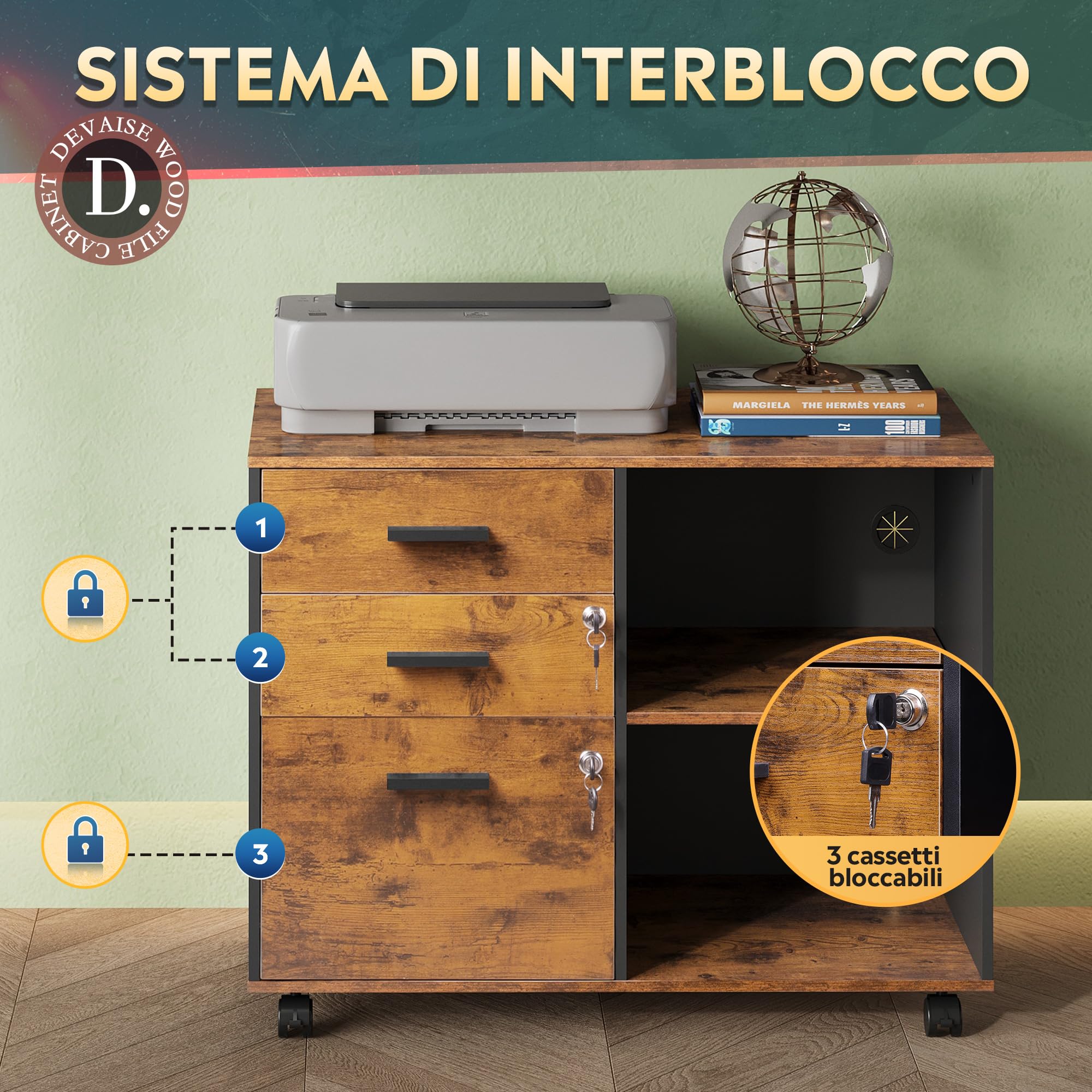 DEVAISE Carrello Portadocumenti 3 Cassetti con Piano Legno, Mobile Ufficio con Stampante, Retro, Marrone