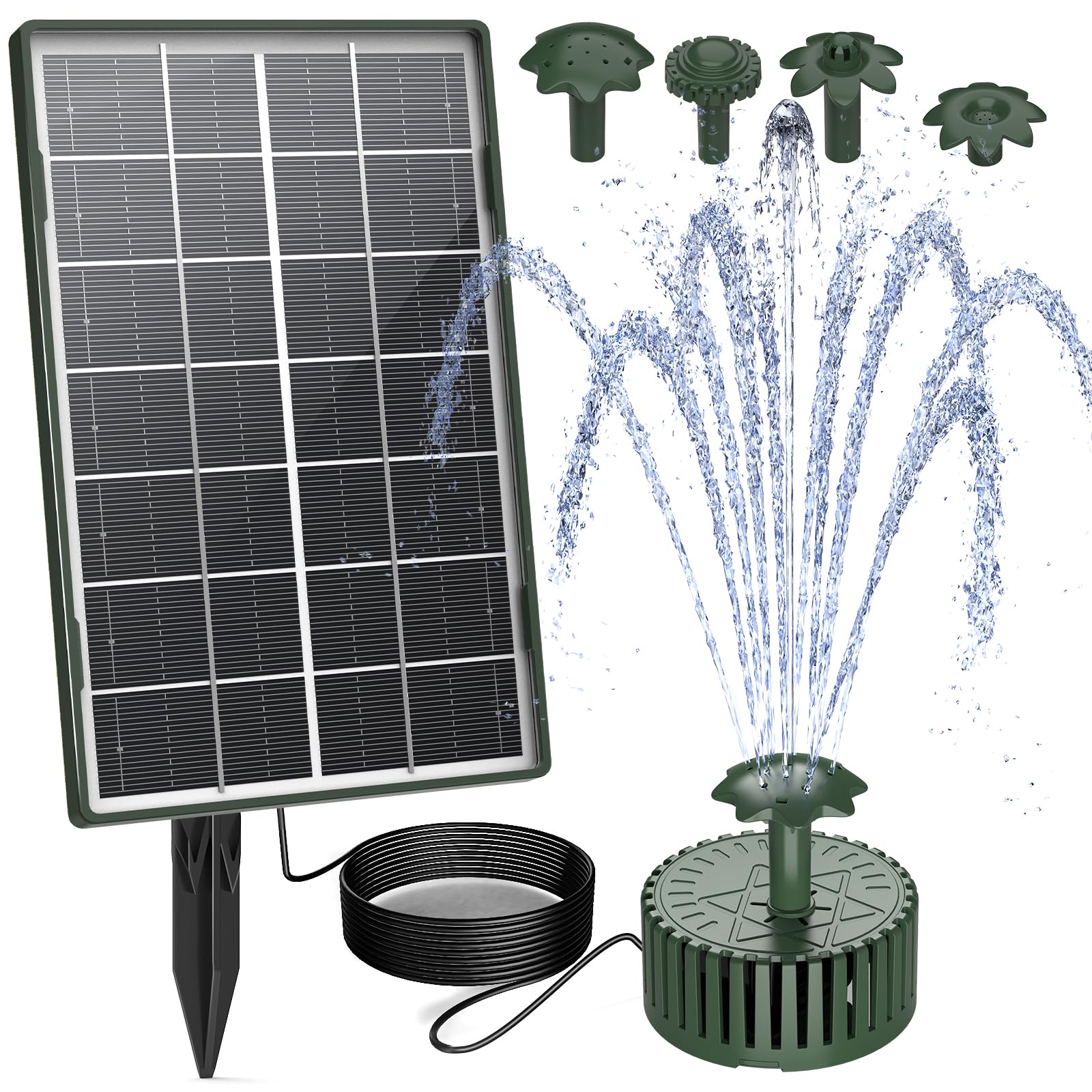 AISITIN 3.5W Solar Fountain Pump, Solar Water Fountain Outdoor with Upgraded Glass Solar Panel and 4 Nozzles, Solar Powered Fountain for Bird Bath, Ponds, Garden, Fish Tank and Swimming-Dark green