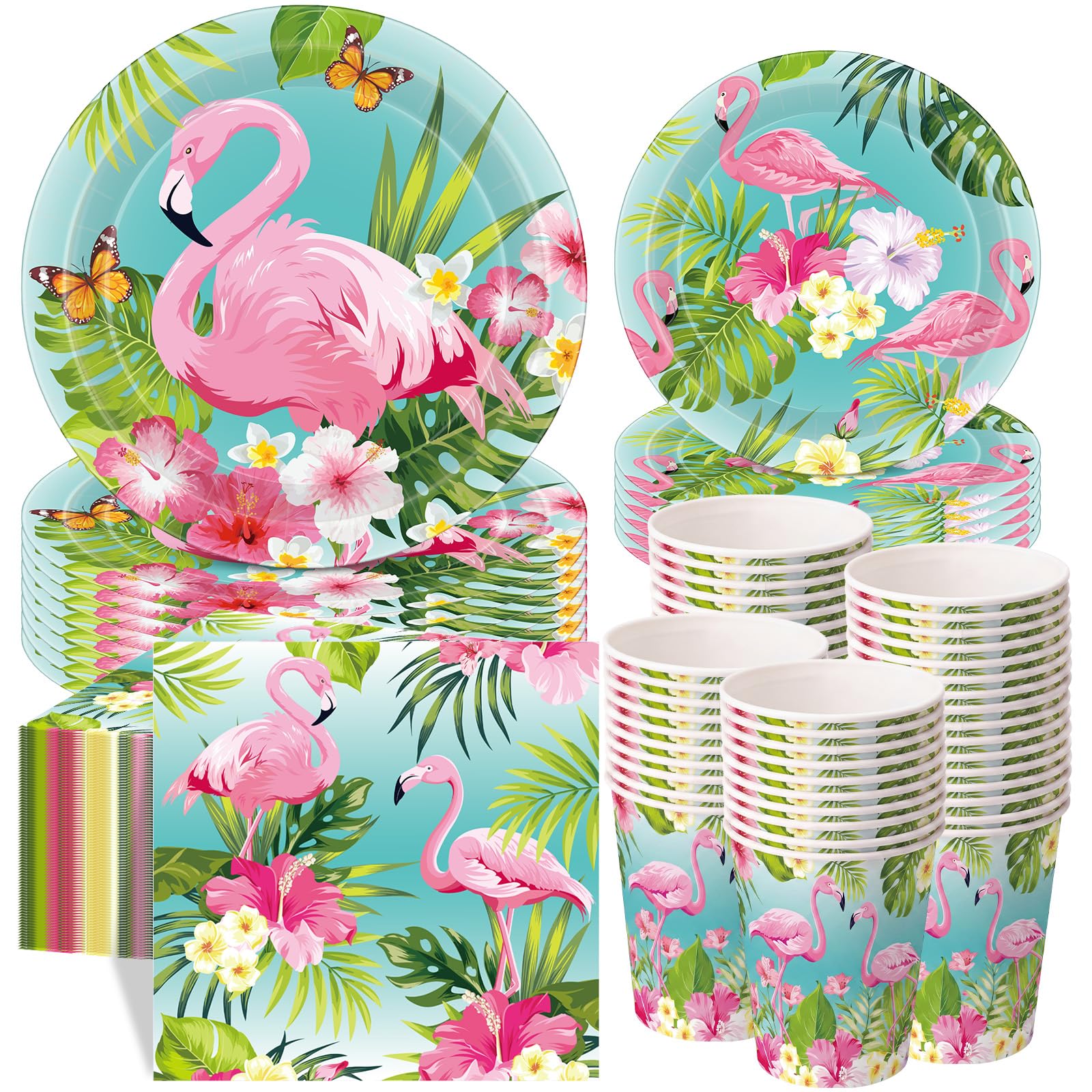 Pickmesh 250 Pcs Summer Flamingo Disposable Tableware Set Hawaiian Luau Party Supplies Tropical Paper Plates Napkins and Cups for Summer Beach Aloha Baby Shower Birthday Pool Party, Serve 50 Guest