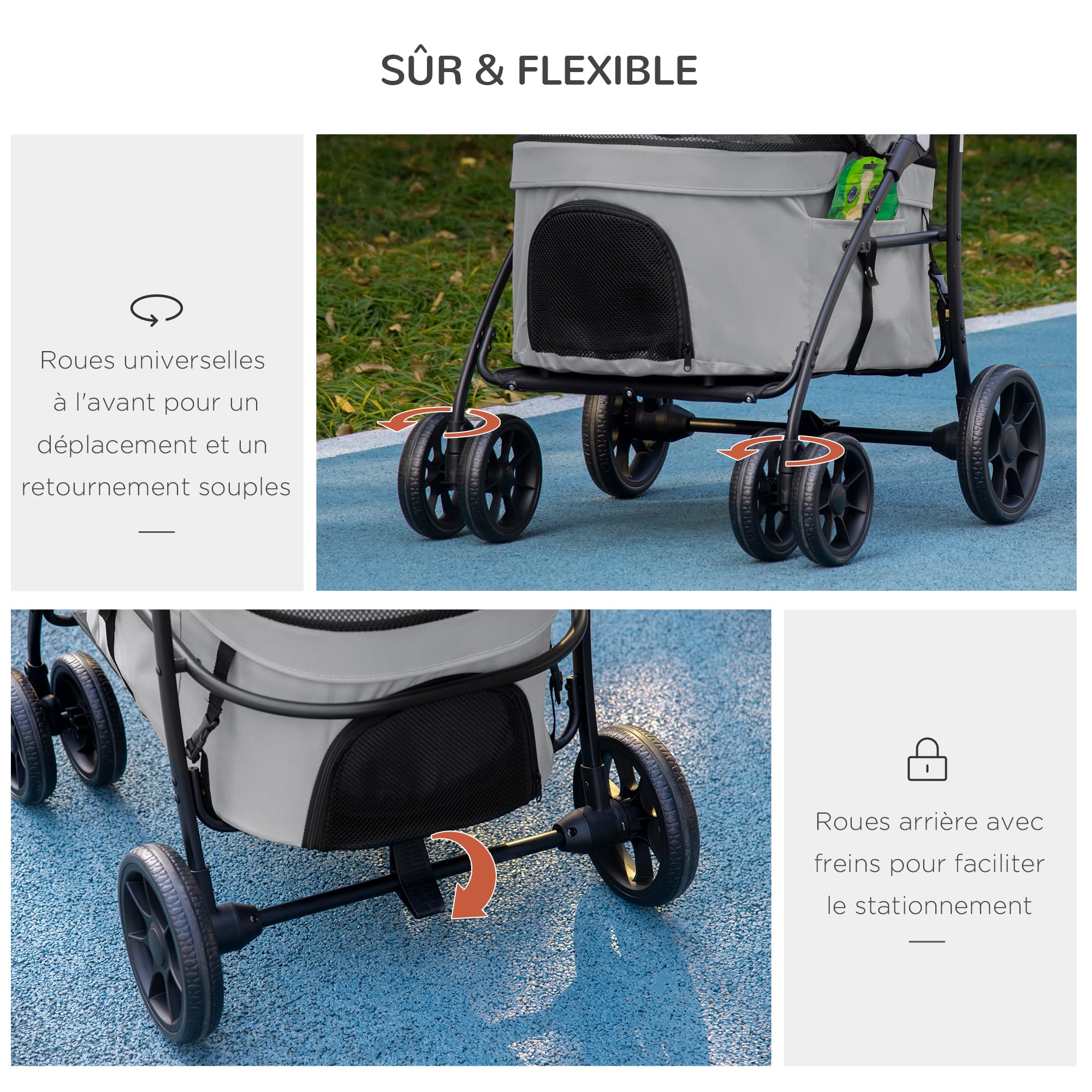 PawHut Poussette pour chien et chat 2 en 1 pliante chariot pour chat chiots avec nacelle amovible, coussin, laisse de sécurité, jusqu'à 10 kg, acier 81 x 68 x 98,5 cm, gris