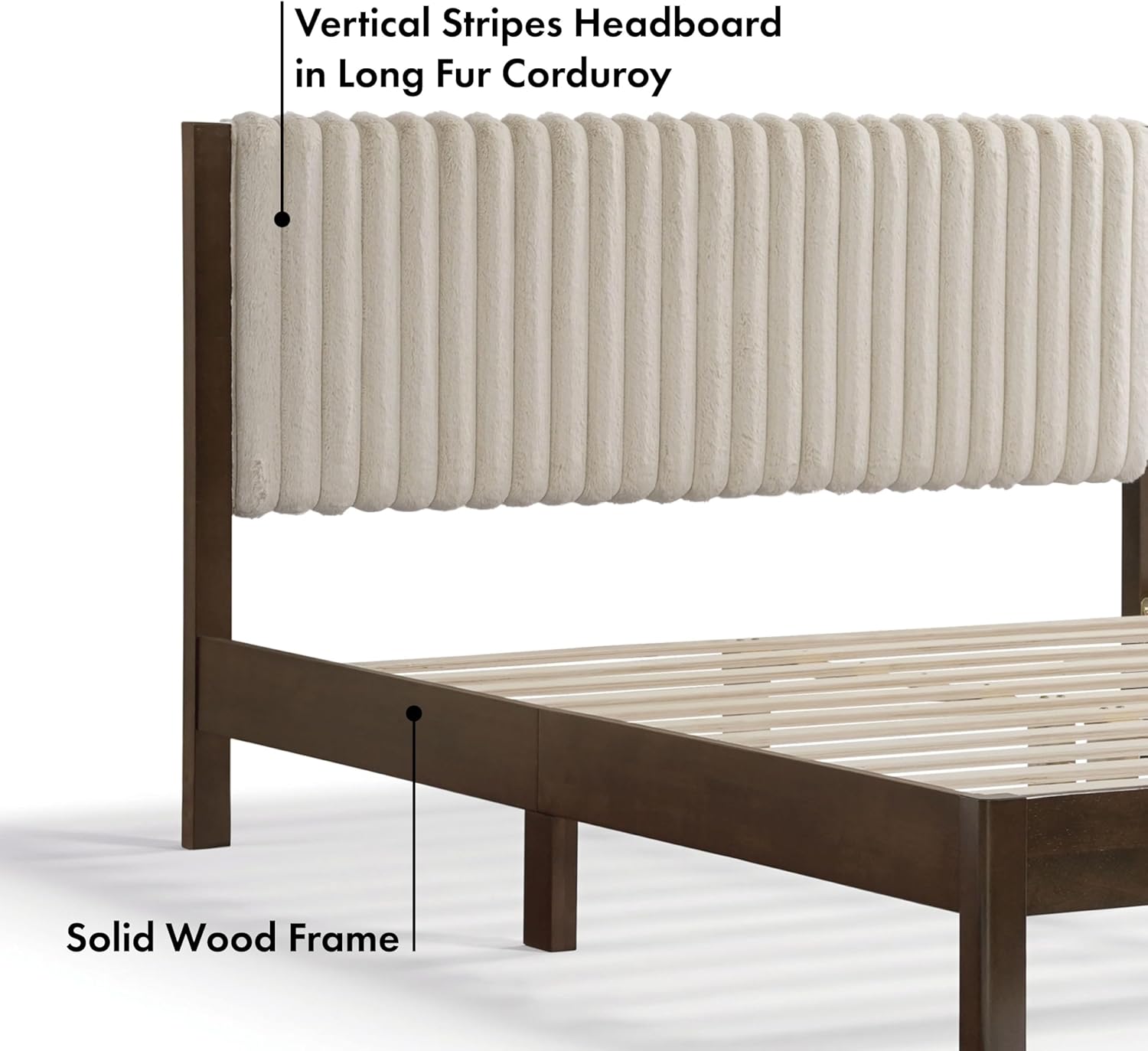 Homes: Inside + Out Evadne Modern Corduroy Queen Platform Bed Frame with Vertical Channel Tufted Headboard and Solid Wood Slats for Bedroom, Guest Room, No Box Spring Needed, Light Brown/Dark Walnut