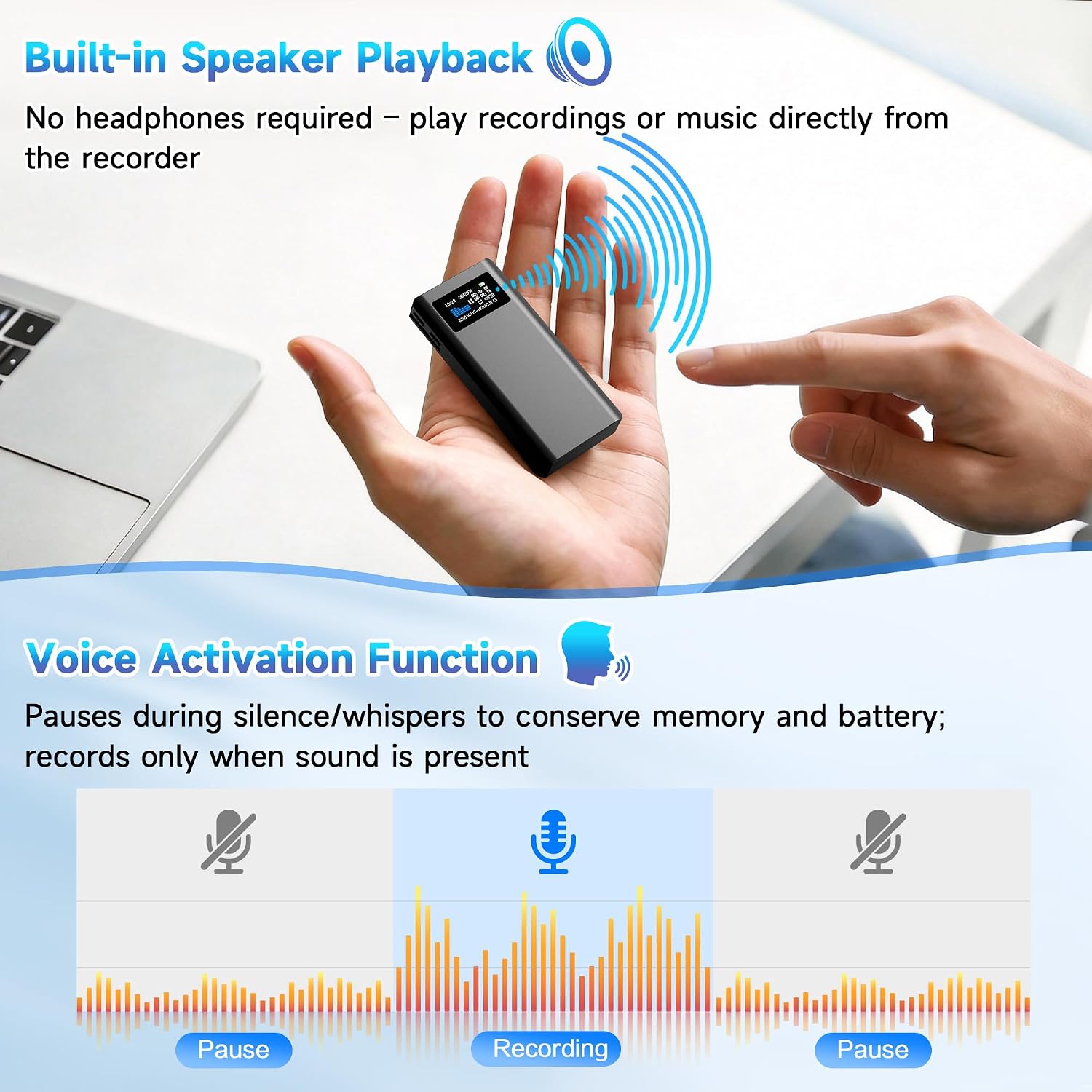 32G Magnetic Voice Activated Recorder, 3000mAh-350Hrs Battery Time | Built-in Speaker Playback, AI Noise Reduction, TF Card Expansion, Metal Housing, Password, For Meetings Interviews Classes