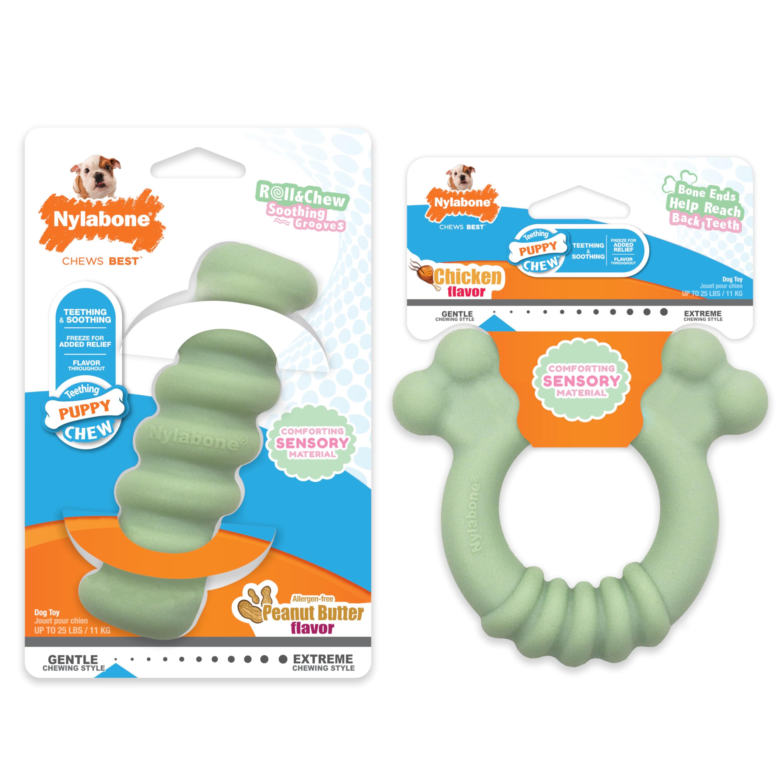 Nylabone Kauspielzeug für Welpen, sensorisches Material, Kauspielzeug für Welpen, gegen Langeweile und Stimulation, Welpenzubehör, allergenfrei, Erdnussbutter und Hühnergeschmack, klein/normal, 2