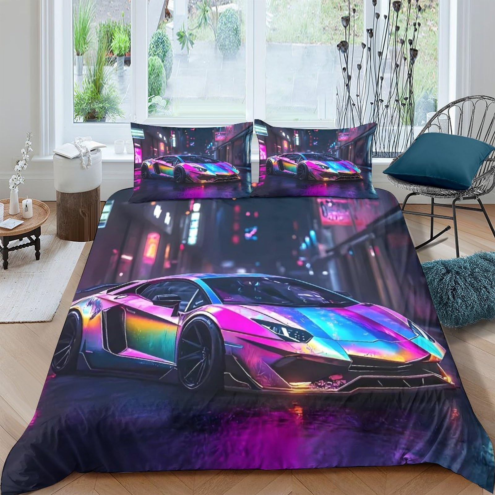 Ctjqhvkz Style-7 3D Printed Neon Sports Car Fitted Sheet Microfiber Soft Breathable Night City Mattress Cover For Bedroom Dorm Decor Single（135X200cm）